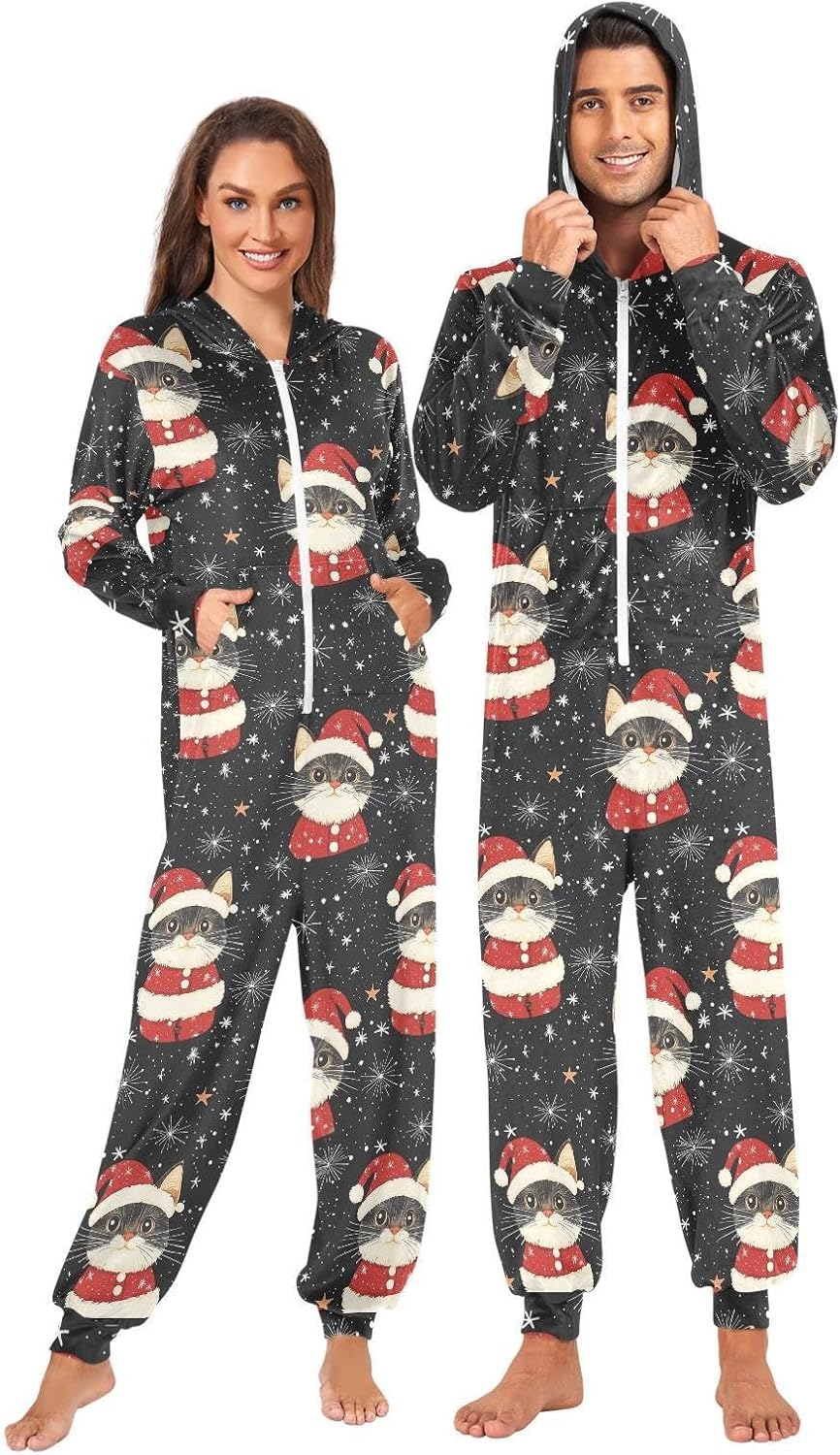ZZKKO Christmas Cat and Snowflake Adult Onesie Pajamas for Women Men Cozy One Piece Pajamas Costume Zip-Up Hooded S-XL