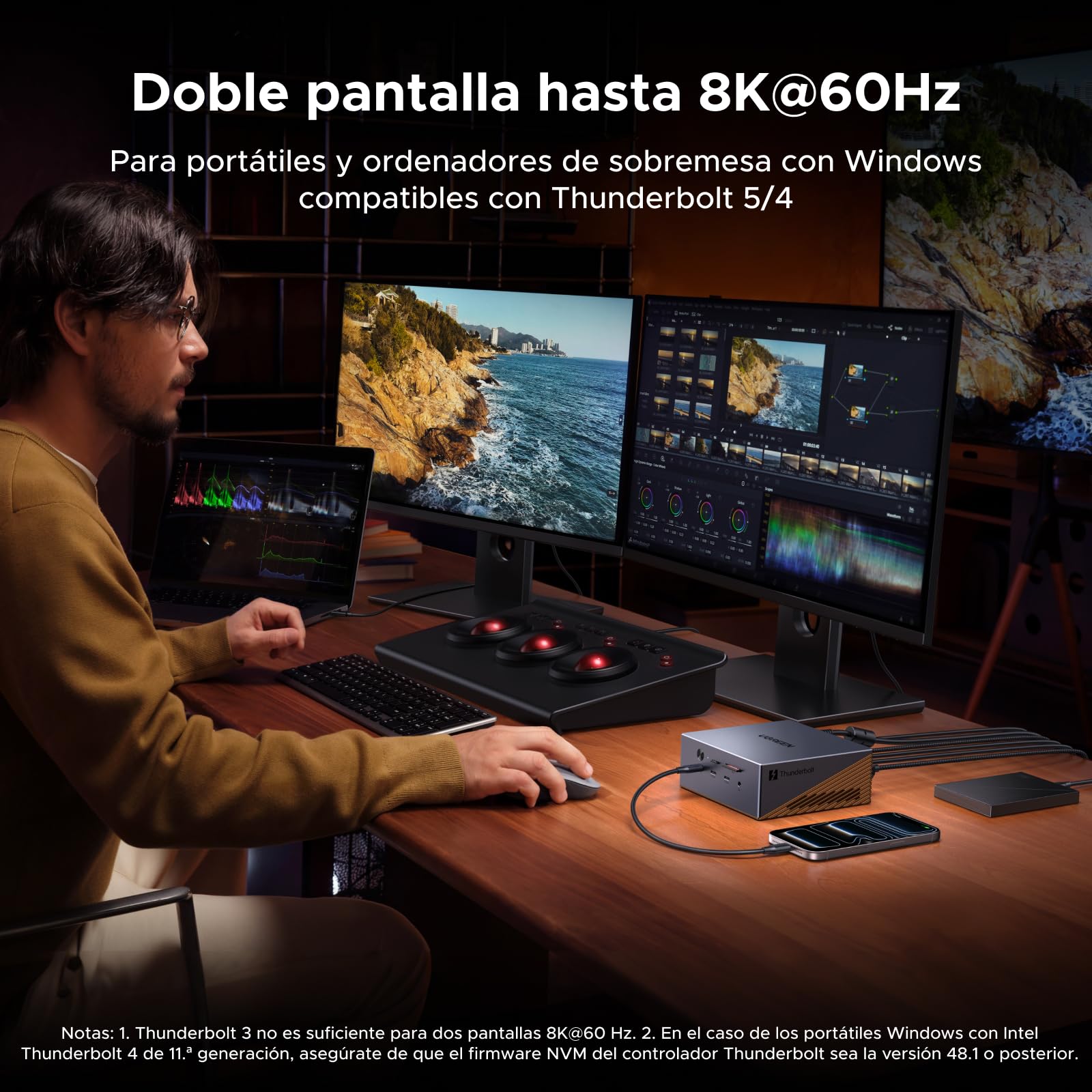 UGREEN Maxidok Thunderbolt 5 Docking Station USB C Triple Pantalla | 17 en 1, 2 TBT5, 1 DP, 120Gbps, 3A3C, Ethernet 2.5GbE, SD/TF 4.0, Carcasa M.2 SSD, Carga PD 140W, DC 240W, 3 Audio 3.5mm