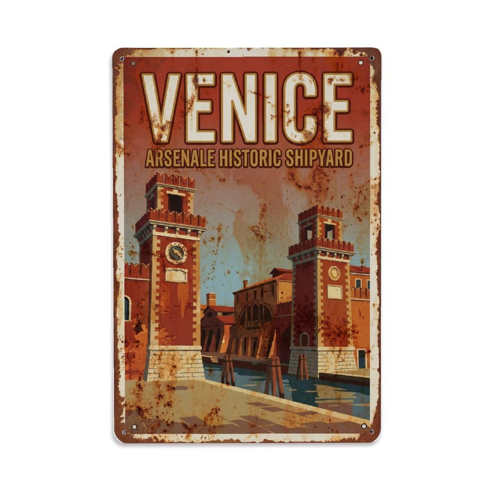 Vintage Travel Venice Arsenale Historic Shipyard Gates Rusted Italy Metal Tin Sign Plaque Wall Decor for Cafe, Club Bar, Office, Home Garden Metal Poster 8x12Inch