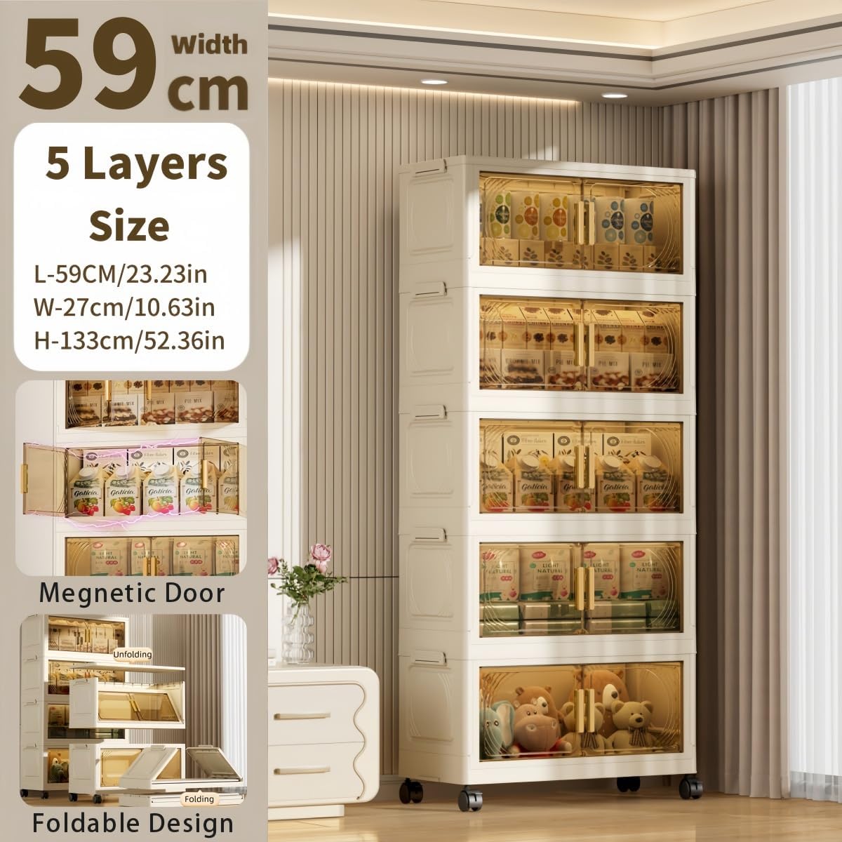 5-Tier Stackable Storage Bins with Lids, 192QT Storage Cabinet with Wheels, Large Collapsible Storage Boxes Organizers and Storage for Home Office Dorm（Clear