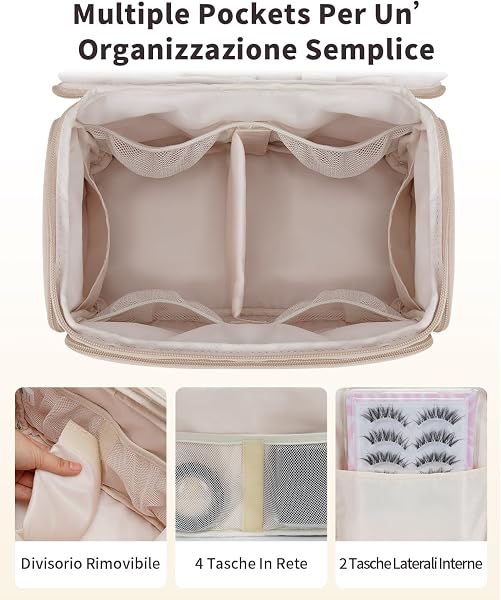 WANDF Beauty Case da Viaggio Donna, Grande Trousse Trucco a Larga Apertura con Maniglia, Organizer per Toiletries, Cosmetici, Accessori ed Essenziali da Viaggio, Cachi - 3
