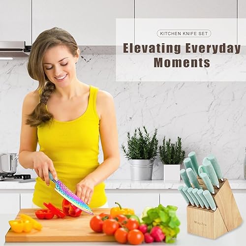 Miniatura 3 de Juego de cuchillos de cocina antiadherentes con almacenamiento de madera, cuchillo de carne dentado, cuchillo de chef, tijeras con afilador, 15