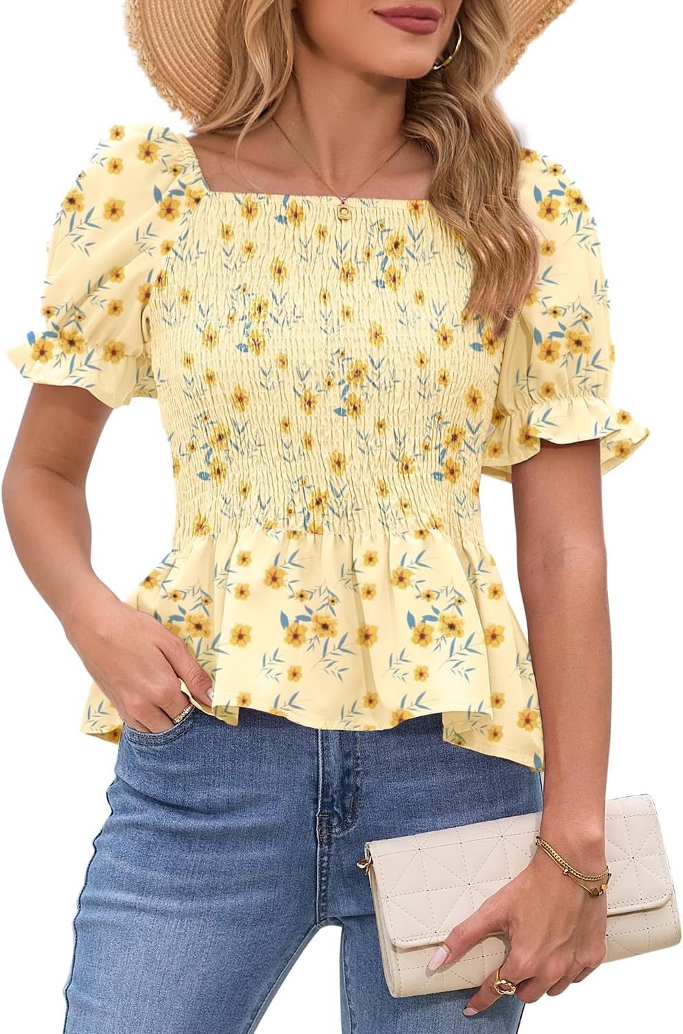 Womens Puff Short Sleeve Babydoll Tops Floral Summer Peplum Blouse Smocked Square Neck Loose Fit Ruffle Dressy Tee Shirts - Image 2