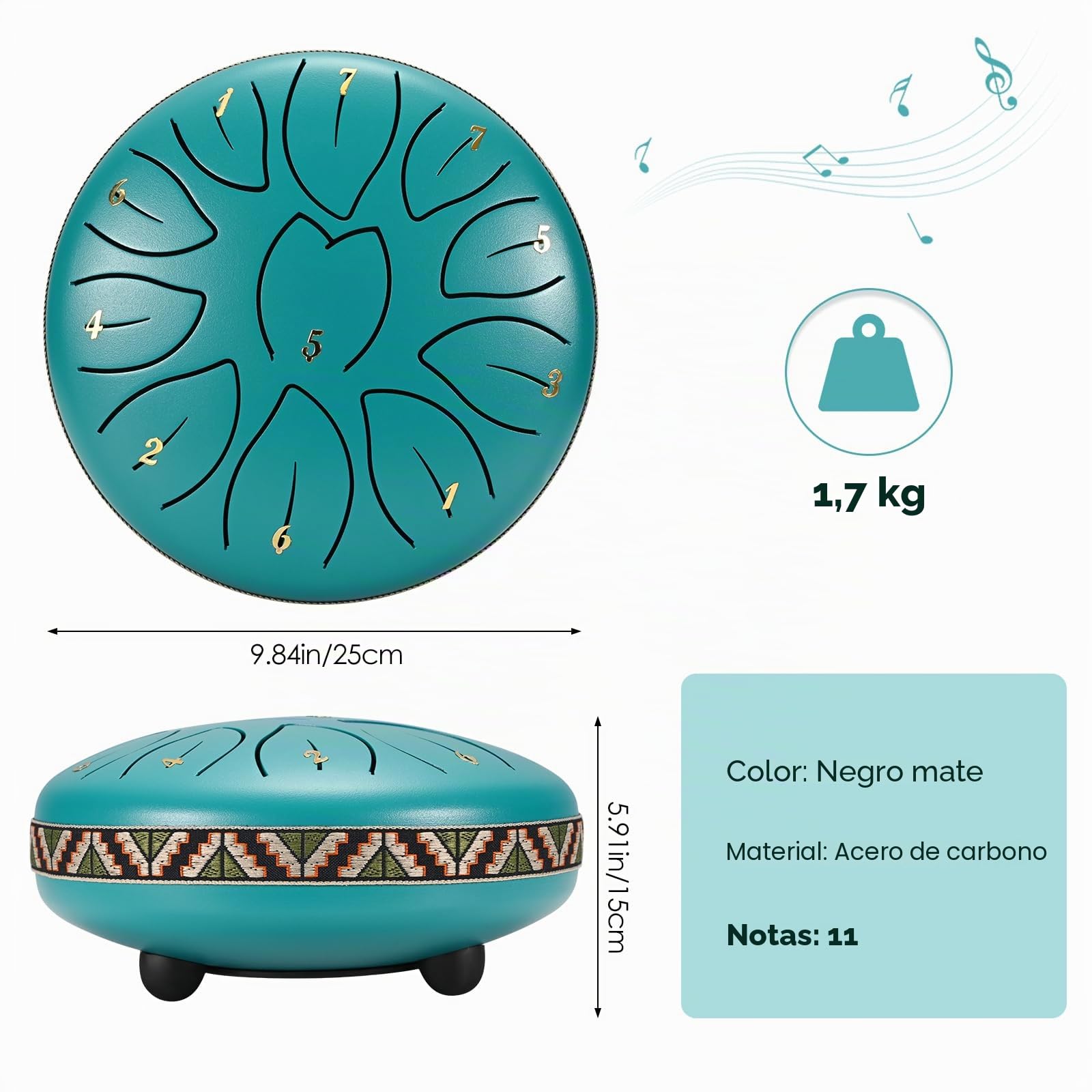 Tambor de lluvia para jardín exterior, 6 pulgadas, 11 notas, instrumento de lengua de acero, con baquetas, soporte para baquetas, meditación, yoga, educación musical, el mejor regalo para