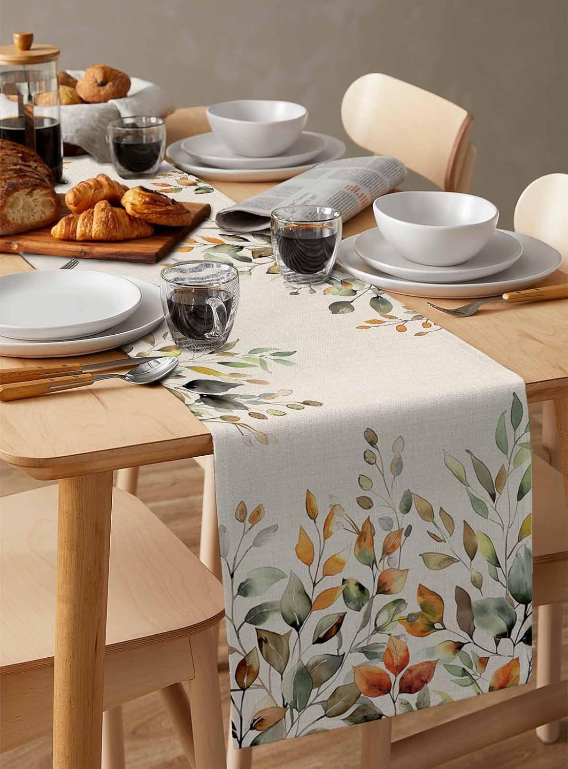 Fall Sage Green Table Runner 120 Inches Long Eucalyptus Leaves Linen Background Coffee Table Runner Kitchen Dining Table Decoration for Home Party Holiday 13 x 120 Inch