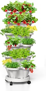 Tectsia Strawberry Vertical Planters, 6 Tiered Stacking Tower Garden, Stackable Herb Vegetable Planters with Movable Casters and Bottom Saucer Indoor and Outdoor - White