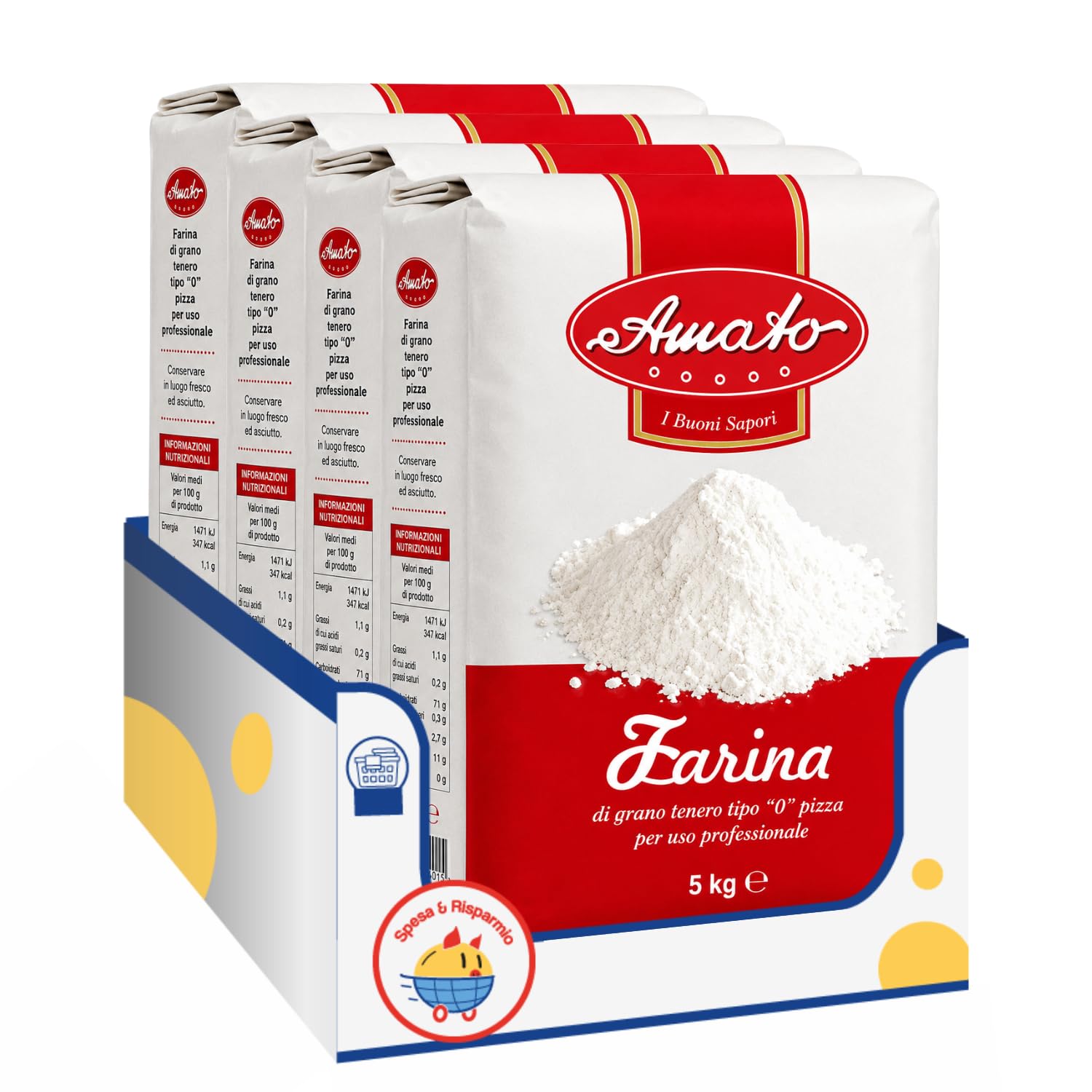 Amato Farina Pizza Tipo 0 5 kg, Farina di Grano Tenero per Pizza, Pane, Focaccia e Lievitati, Ideale per Impasti Professionali, Confezione Multipla da 4/8/12 Pezzi (12 PEZZI)