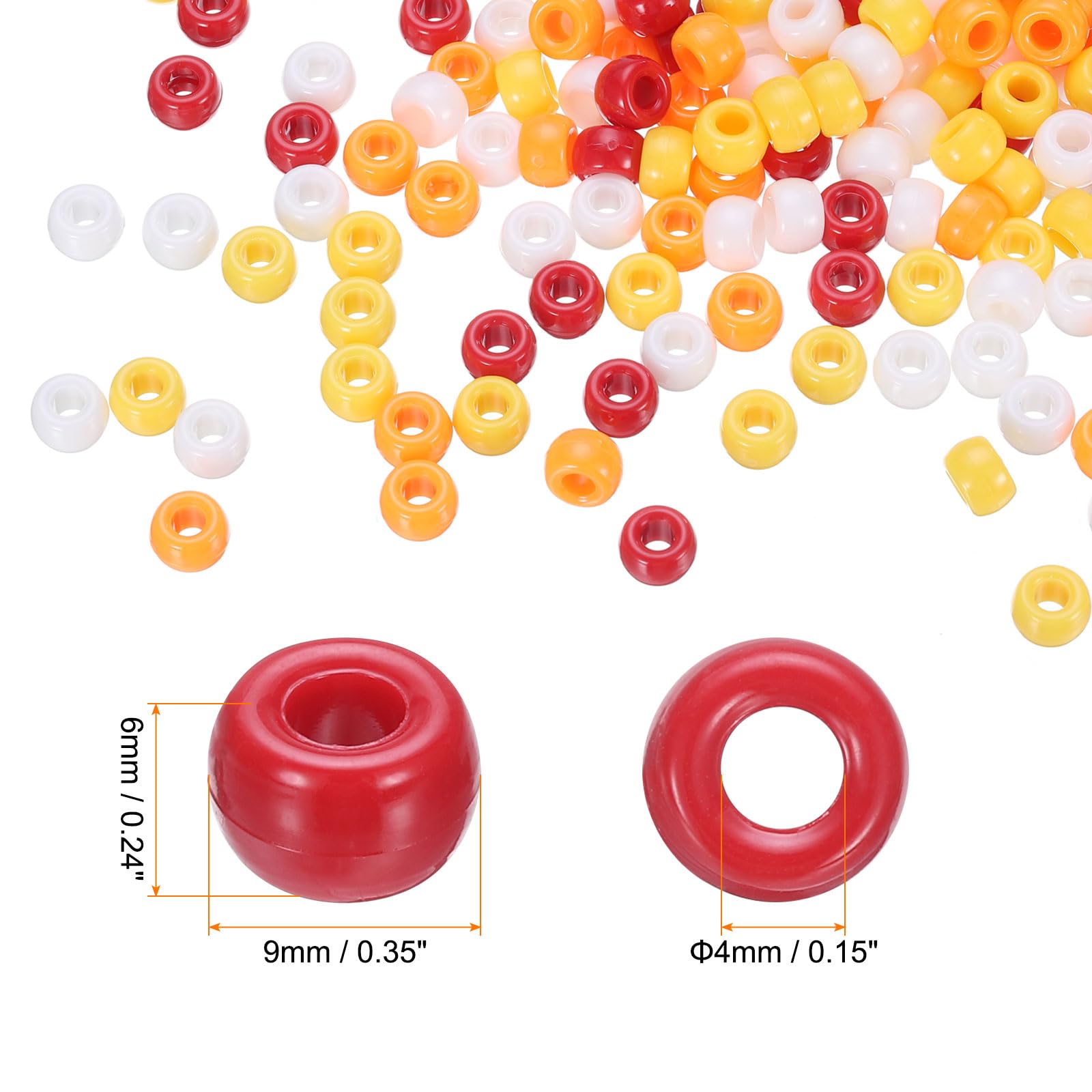 HARFINGTON 1000 cuentas de poni de 6 x 9 mm, 4 colores surtidos, acrílico, cuentas de plástico a granel, rojo, amarillo, naranja, blanco para collares, llaveros, fabricación de joyas