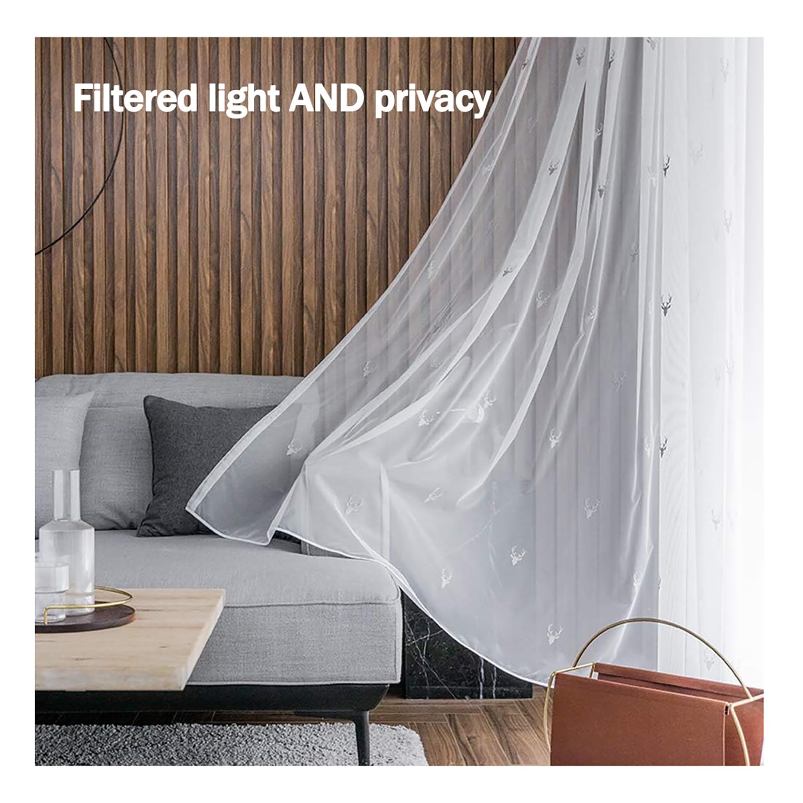 2 Stück Hirsch Stickerei Vorhang Voile, Tüll Transparent Gardinen Ösenschal/Kräuselband Fensterschal Für Wohnzimmer Schlafzimmer Balkon, W200xL250cm, Eyelet