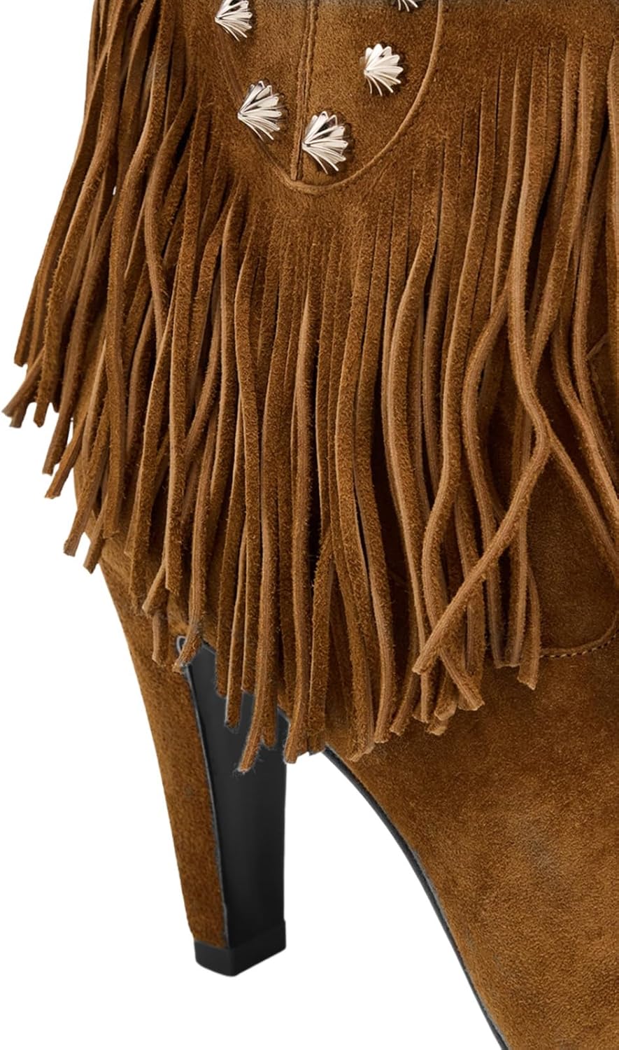 Women Genuine Leather Western Fringe Cowboy Boots Pointed Toe High Heel Cowgirl Boots Studded Mid Calf Western Boots for Dress, Festival & Going Out