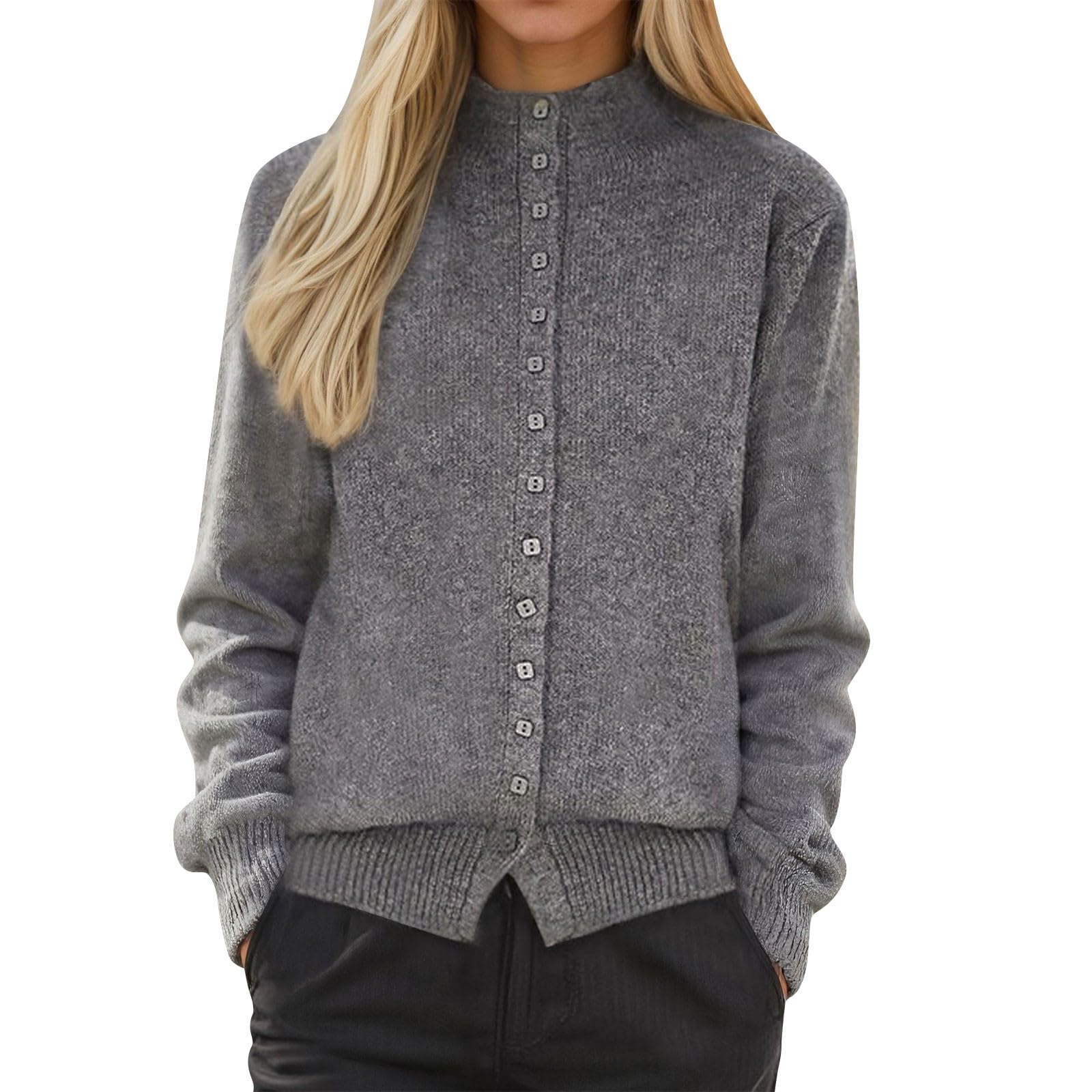 Cardigans for Women Trendy Button Up Sweater Jackets Mock Neck Long Sleeve Loose Fit Chunky Knit Outwear Coats