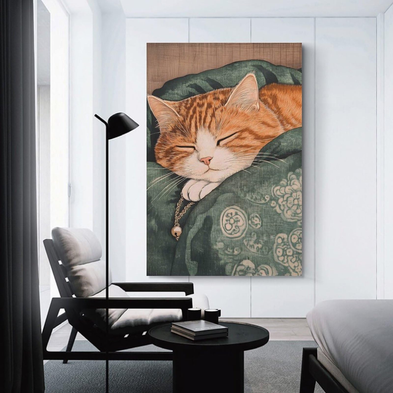 Junmoney Sleeping Orange Tabby Cat with Bell Hanging Wall Art 12x18inch(30x45cm), for Study, Office Or Focused Interiors, Wall Art That Adds Style to Work Areas