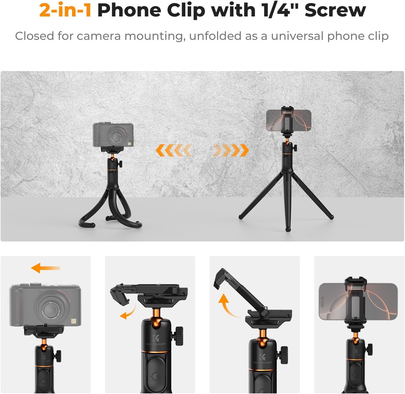 K&F CONCEPT Extendable Phone Tripod, Flexible Tripod with Remote, 3 in 1 Selfie Stick with Action Camera Adapter Flexible Legs Compatible with iPhone Samsung Canon Nikon Sony Cameras Action Camera.