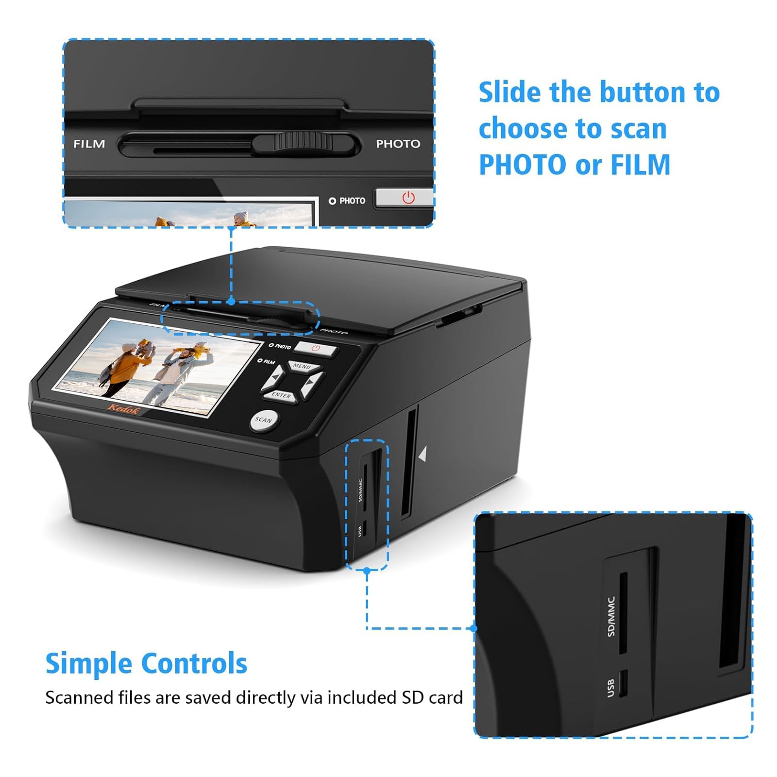 Scanner multi-photos, diapositives et négatifs, scanner photo à numériser avec grand écran LCD de 5 pouces, convertir 35 mm, 110 films/photo/carte de visite en 22 MP Digital JPEG, contient une carte