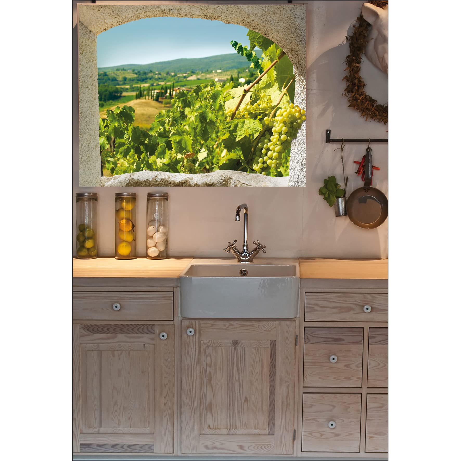 Sticker Fenêtre Trompe-l'œil Toscane - Décoration Murale Adhésive 60x75cm - Vue Campagne, Polyester, Repositionnable - Fabriqué En France, Haute Résolution