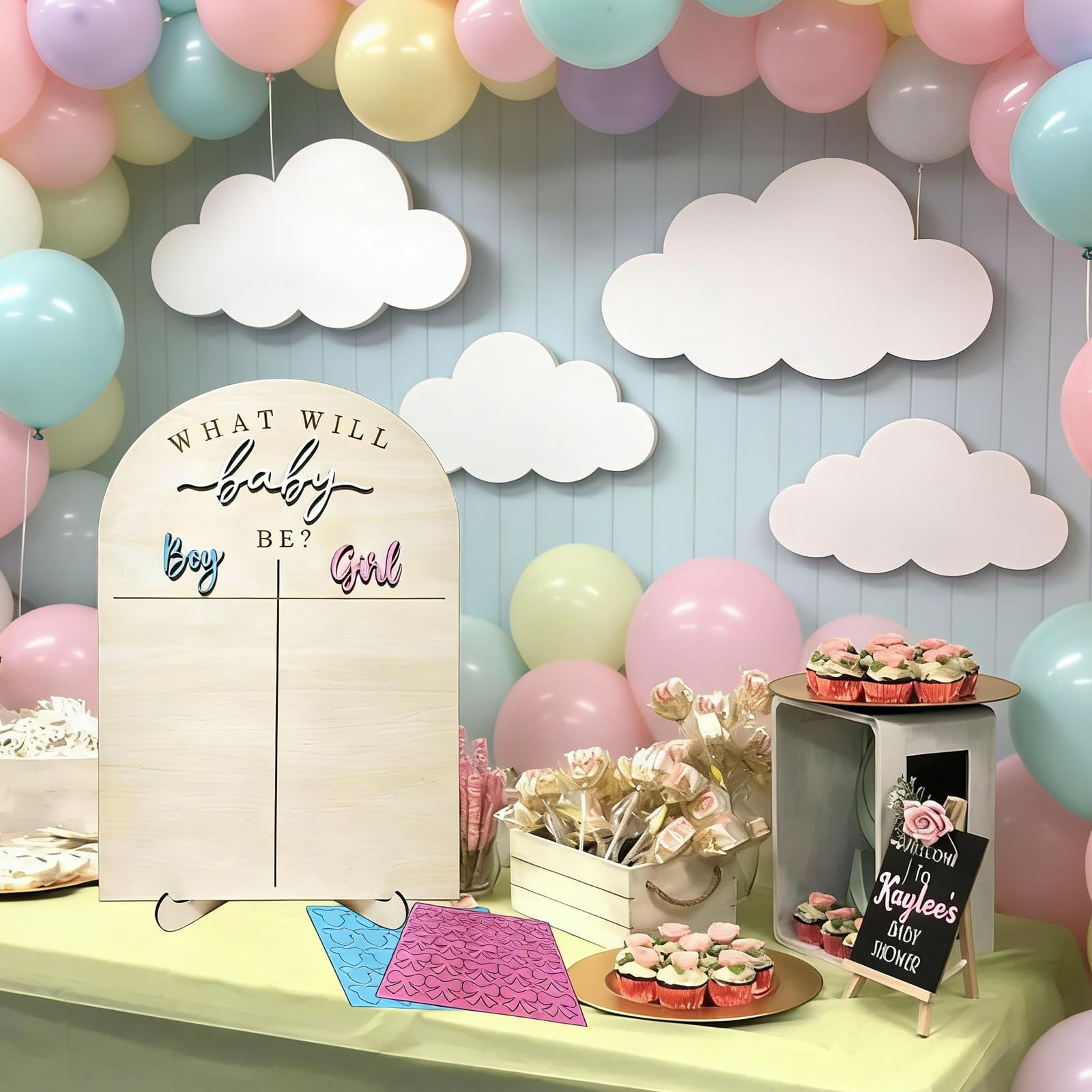Set da gioco "Genders Reveal", lavagna con adesivi di votazione, decorazioni in legno per baby gender reveal, set di accessori per feste
