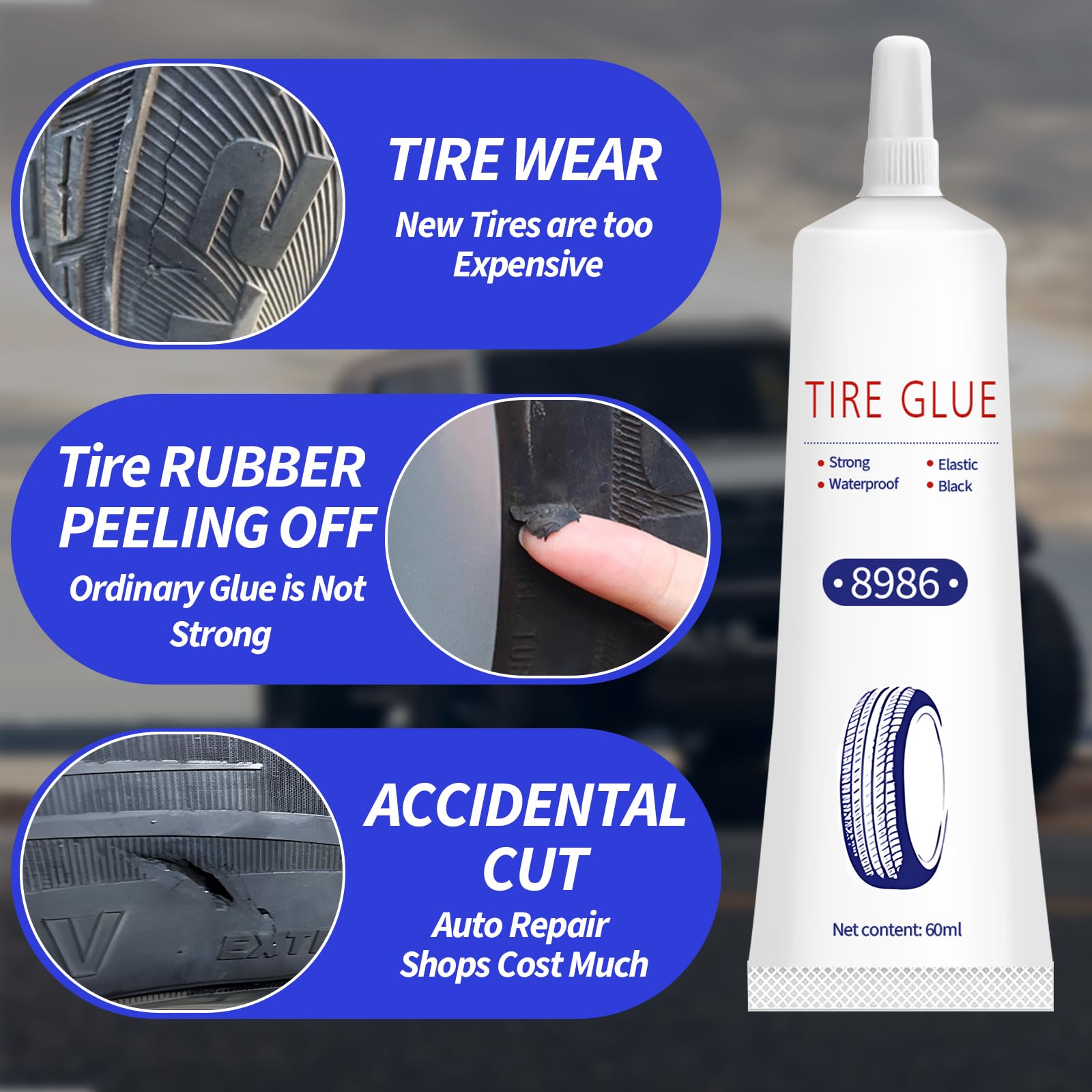 Klej do opon 120 ml, klej gumowy, zestaw do naprawy opon, zestaw naprawczy do opon samochodowych, środek uszczelniający do opon samochodowych/motocyklowych/rowerowych, szybko naprawia