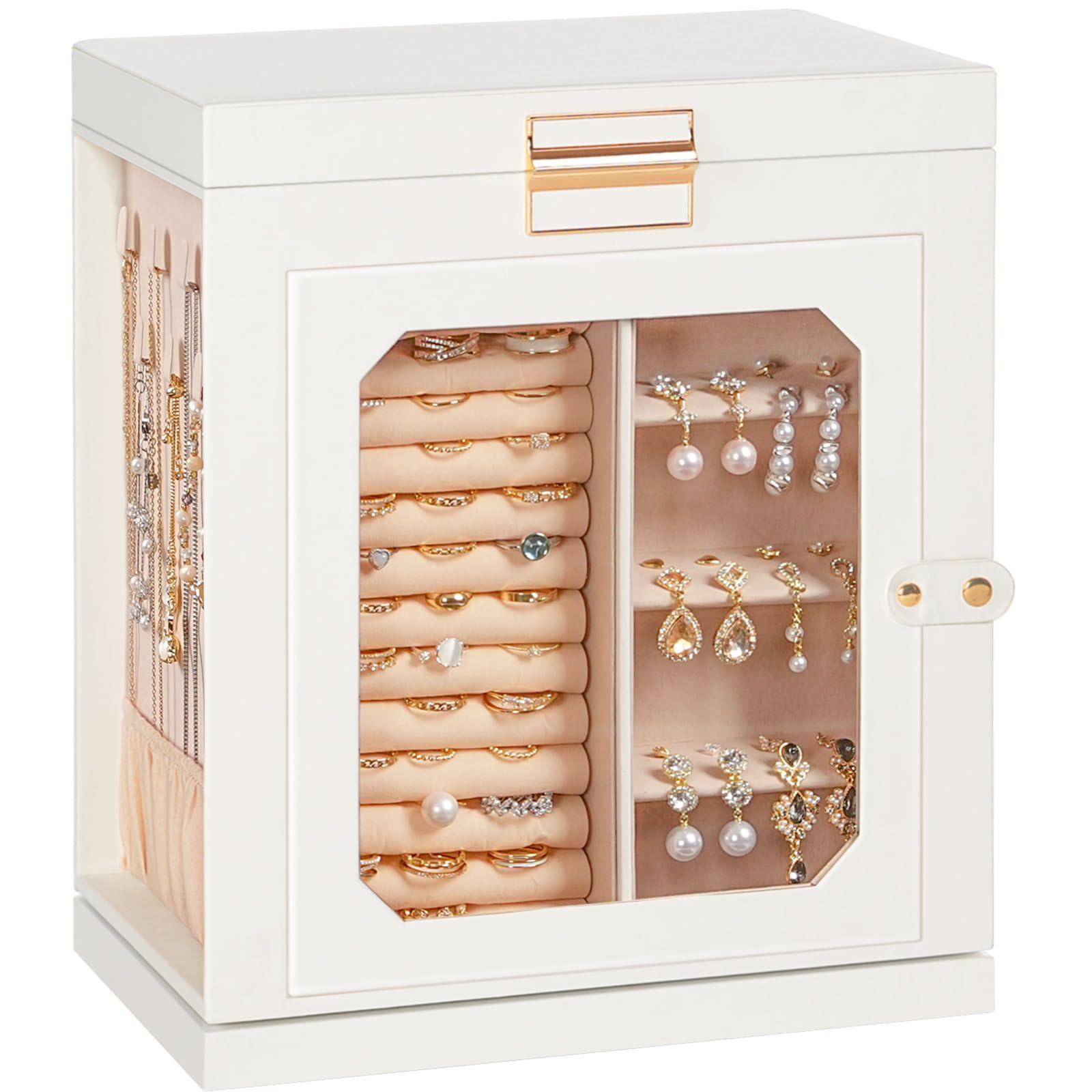HOOBRO Caja Joyero Giratorio 360°, Caja de Joyas, Organizador de Accesorios con 6 Cajones y Vitrina de Vidrio, Expositor para Collares, Anillos, Pendientes, Pulseras, Blanco y Dorado EWT16JB04