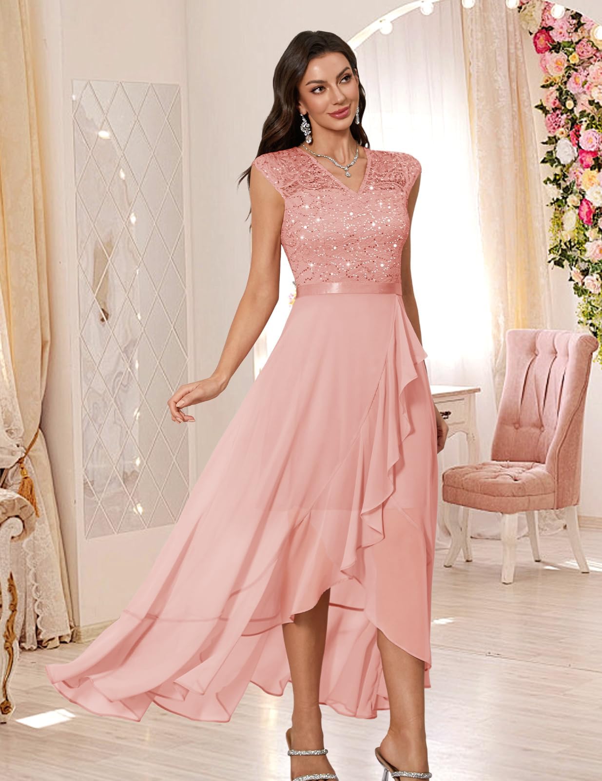Bbonlinedress Vestido formal de cóctel para mujer, con lentejuelas, encaje floral, boda, dama de honor, graduación, cuello en V, manga casquillo