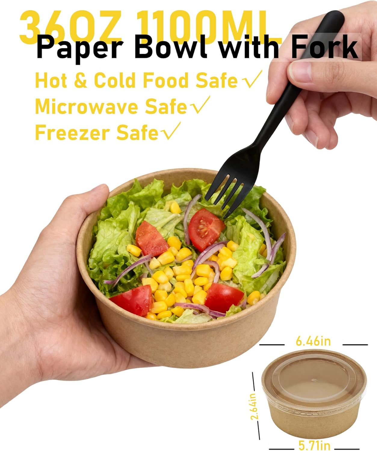 50Pack Disposable Bowls with Lids & Forks, 36oz(1100ml) Kraft Paper Meal Prep Containers, Heavy Duty Round Food Containers for Hot/Cold Food, Salads, Takeout, Household, Restaurant & Party
