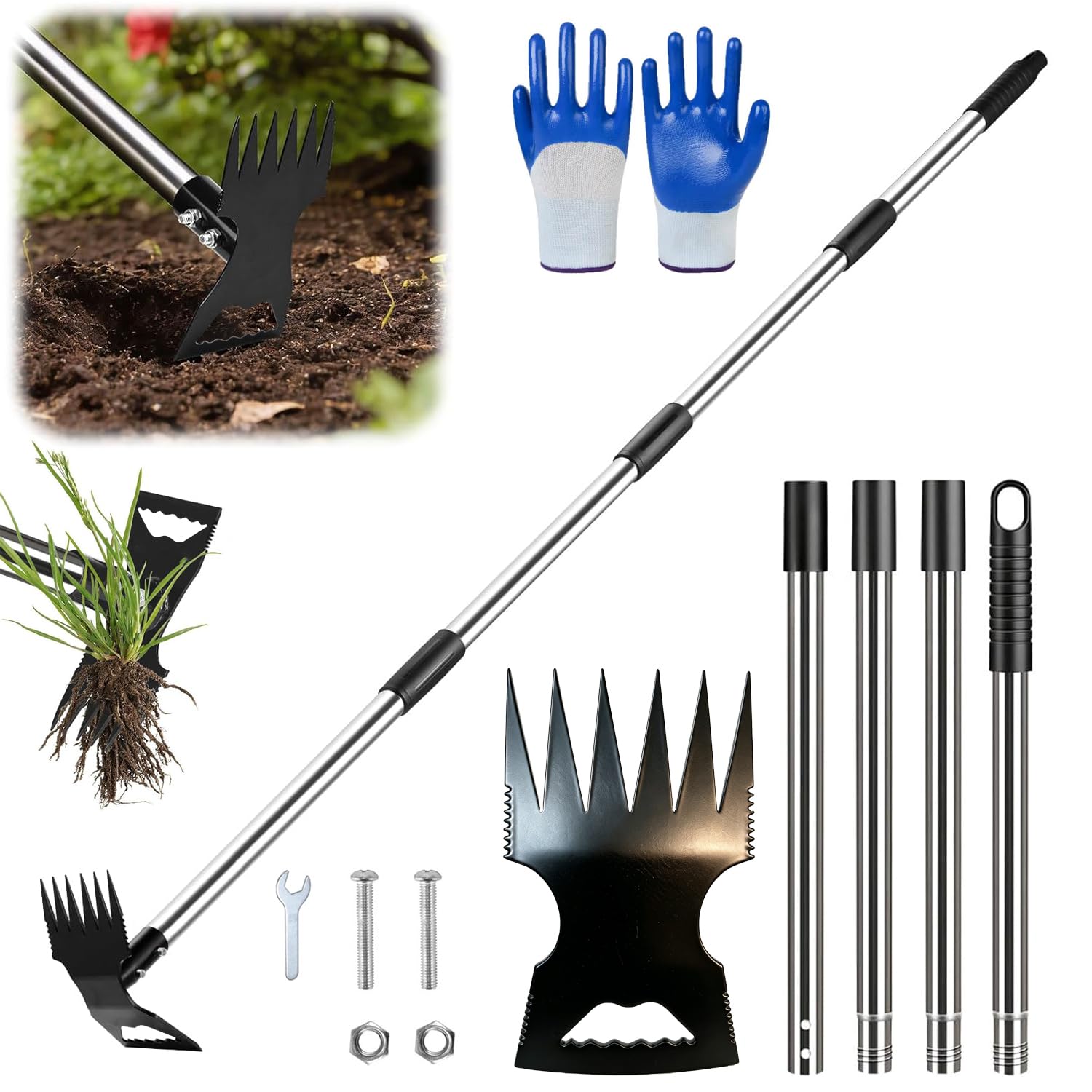 150cm Weed Puller Tool with Long Handle, 2 in 1 Heavy Duty Manual Weed Rake and Garden Hoe, Weed Remover Gardening Tools, Weeding Tools for Yard, Lawn, Patio, Garden