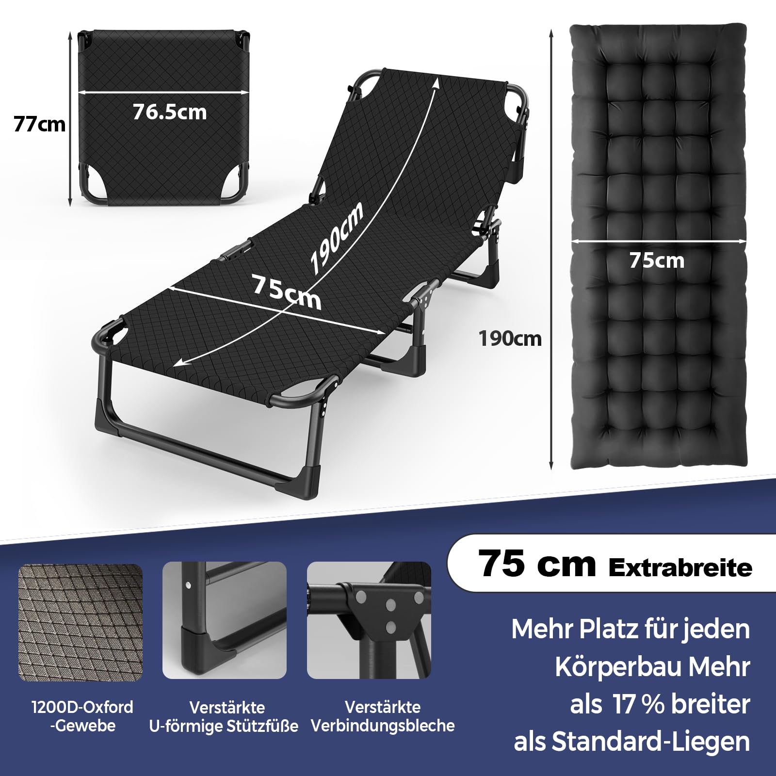 Campingbett Klappbar mit Matratze&Nackenkissen, 190x75x30cm bis 200KG, Tragbar Feldbett mit Groß Seitentasche, Sonnenliege Outdoor&Indoor, Gästebett Faltbar Oxford-Gewebe, Tragetasche, Schwarz