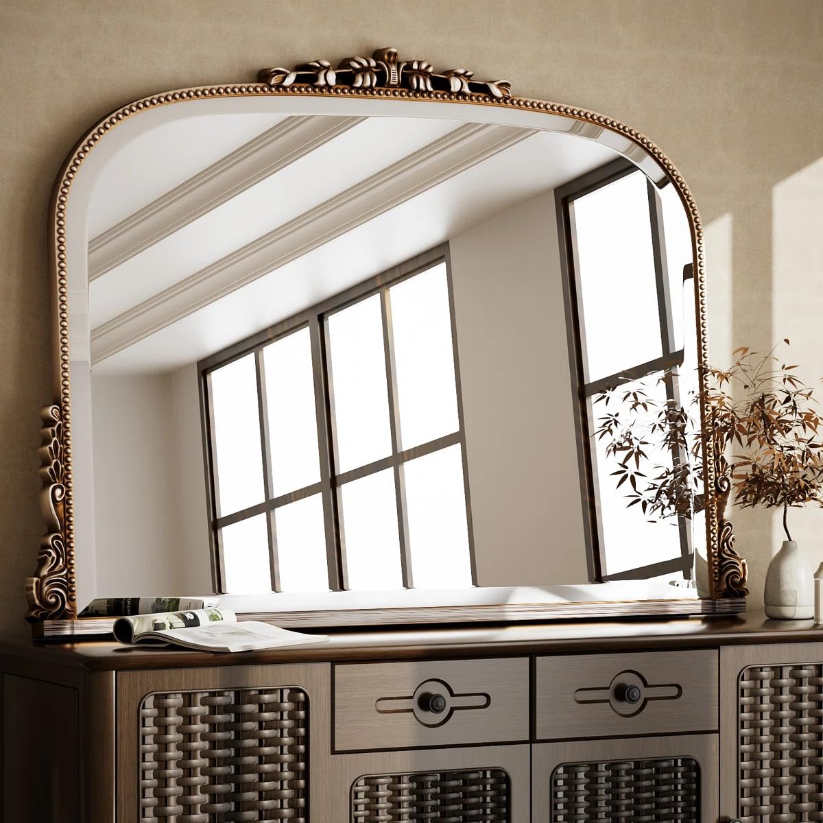 Vintage Arch Wall Mirror with Ornate Decorative Frame | Large Decorative Mirror for Bathroom, Bedroom & Living Room(Antique Silver, 27x36)-image-4