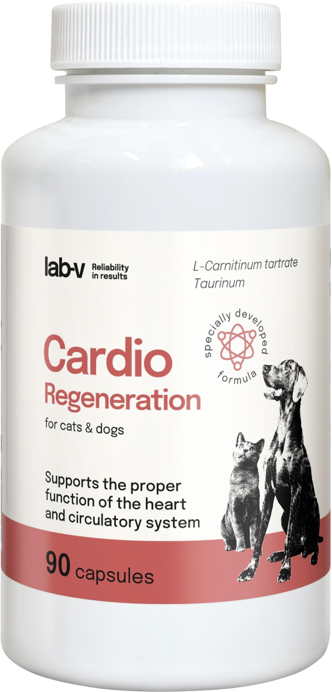 Cardio Regeneration Lab-V, 90 Capsules, Support cardiaque avancé pour chiens et chats, Formule vétérinaire avec Taurine, L - Arginine et L - Carnitine pour chiens et chats, cœur sain