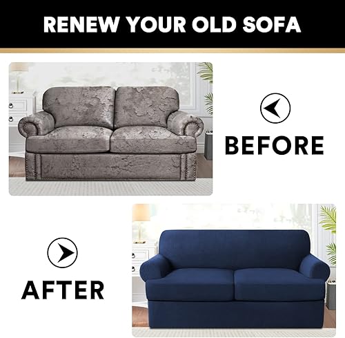 Miniatura 6 de PrinceDeco Funda de sofá de 3 piezas para sofá con cojín en T, fundas elásticas para sofá de 2 cojines con 2 fundas de asiento individuales en forma