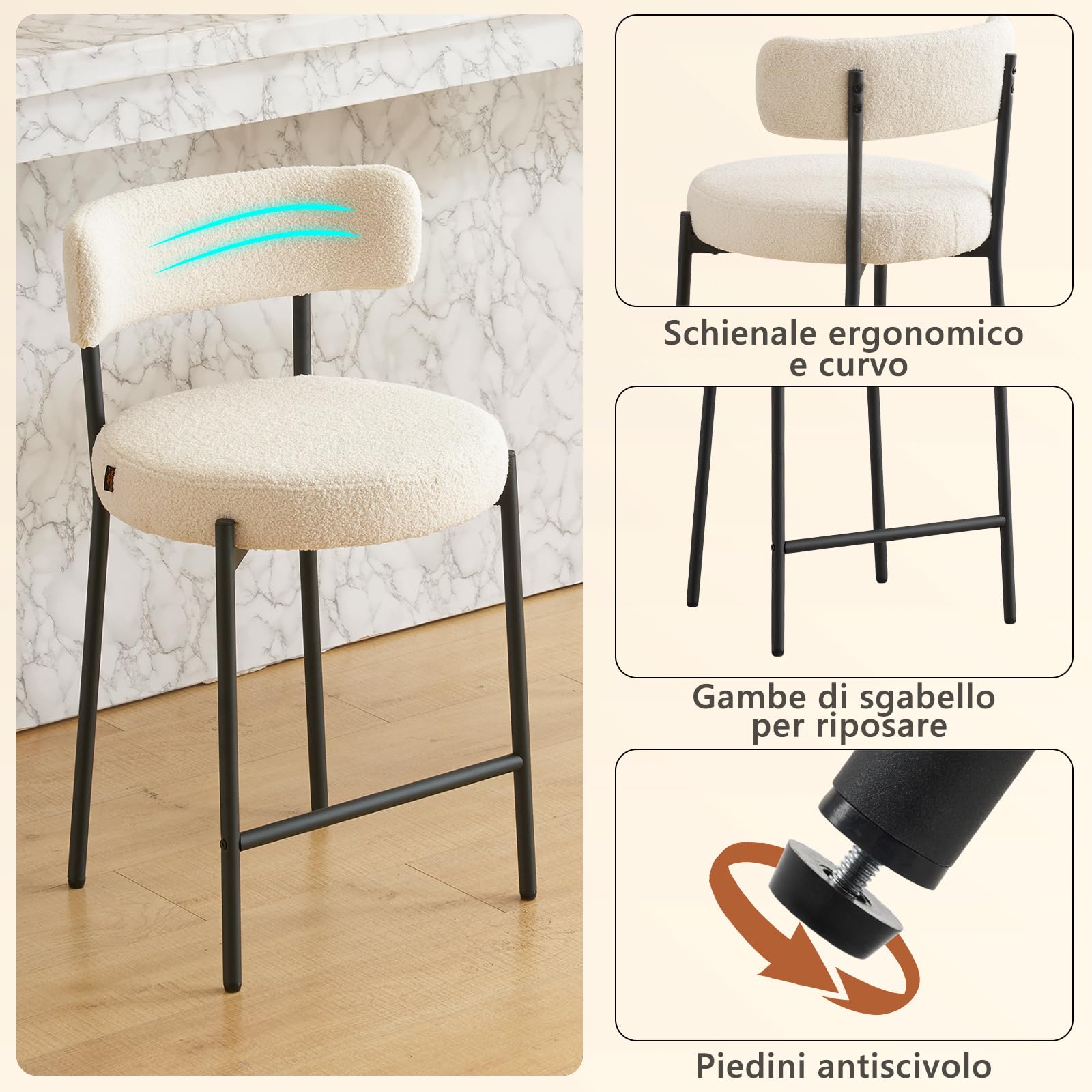Ckaff Set di 2 Sgabelli da Bar, Sgabelli da Bar Alti con Schienale, Sedie da Cucina con Poggiapiedi, Seduta alta 63,5cm per Bar, Caffè, Isola della Cucina, Bianco
