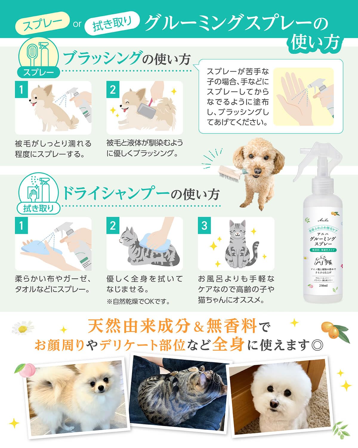 Amazon | アニハ 犬猫用グルーミングスプレー【獣医師監修】無香料＆99