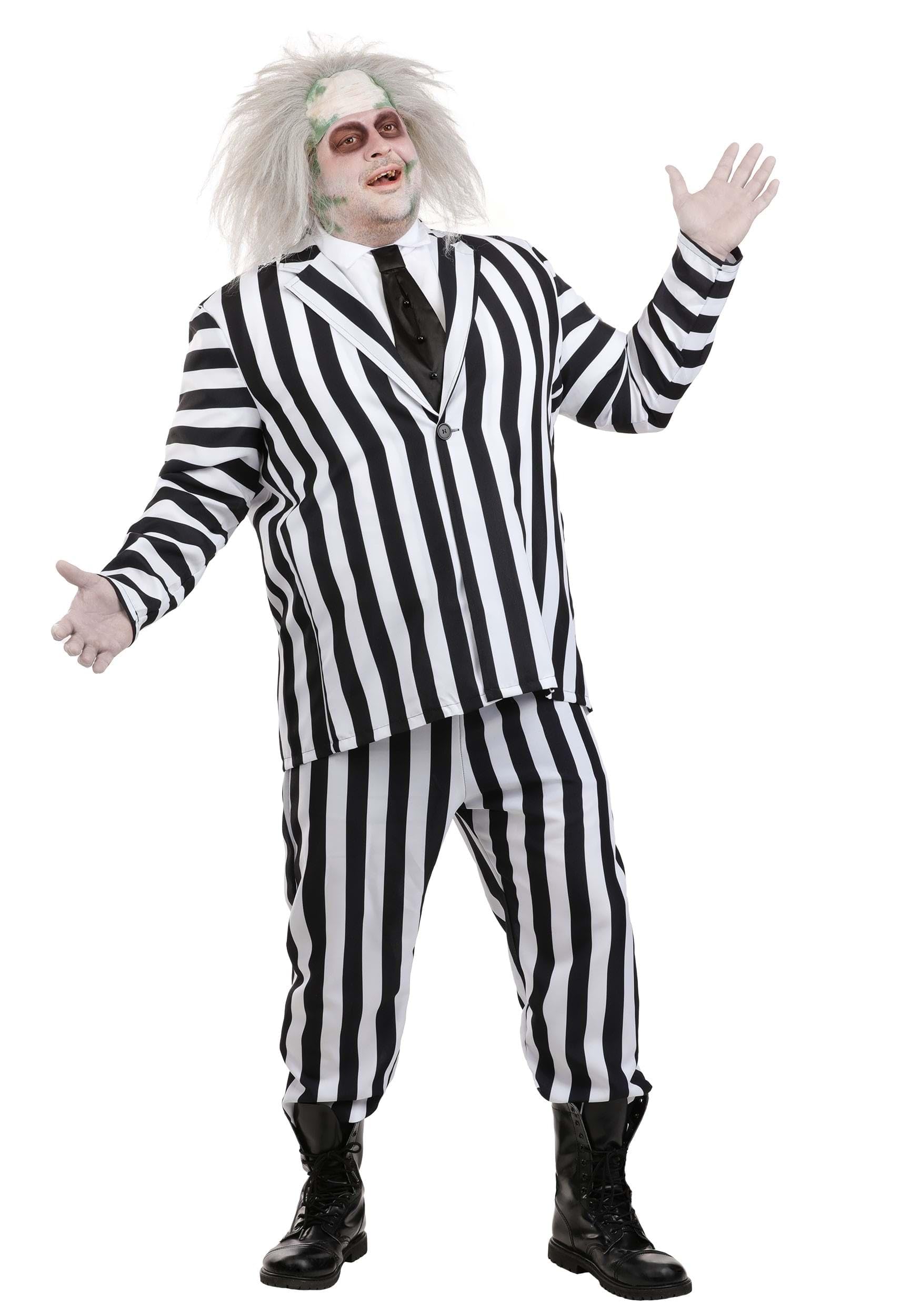 Plus Size Beetlejuice Costume - Black & White Striped Tuxedo Jacket, Pants, & Attached Shirt & Tie