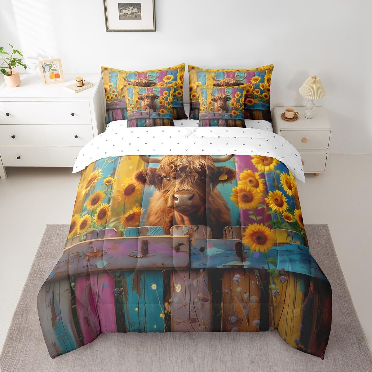 Feelyou Highland Cow Bed in a Bag Highland Cattle Queen Comforter Set with Sheets for Boys Girls Children Sunflower 7 Pieces Bedding Set Room Decor Farmhouse Bed Set