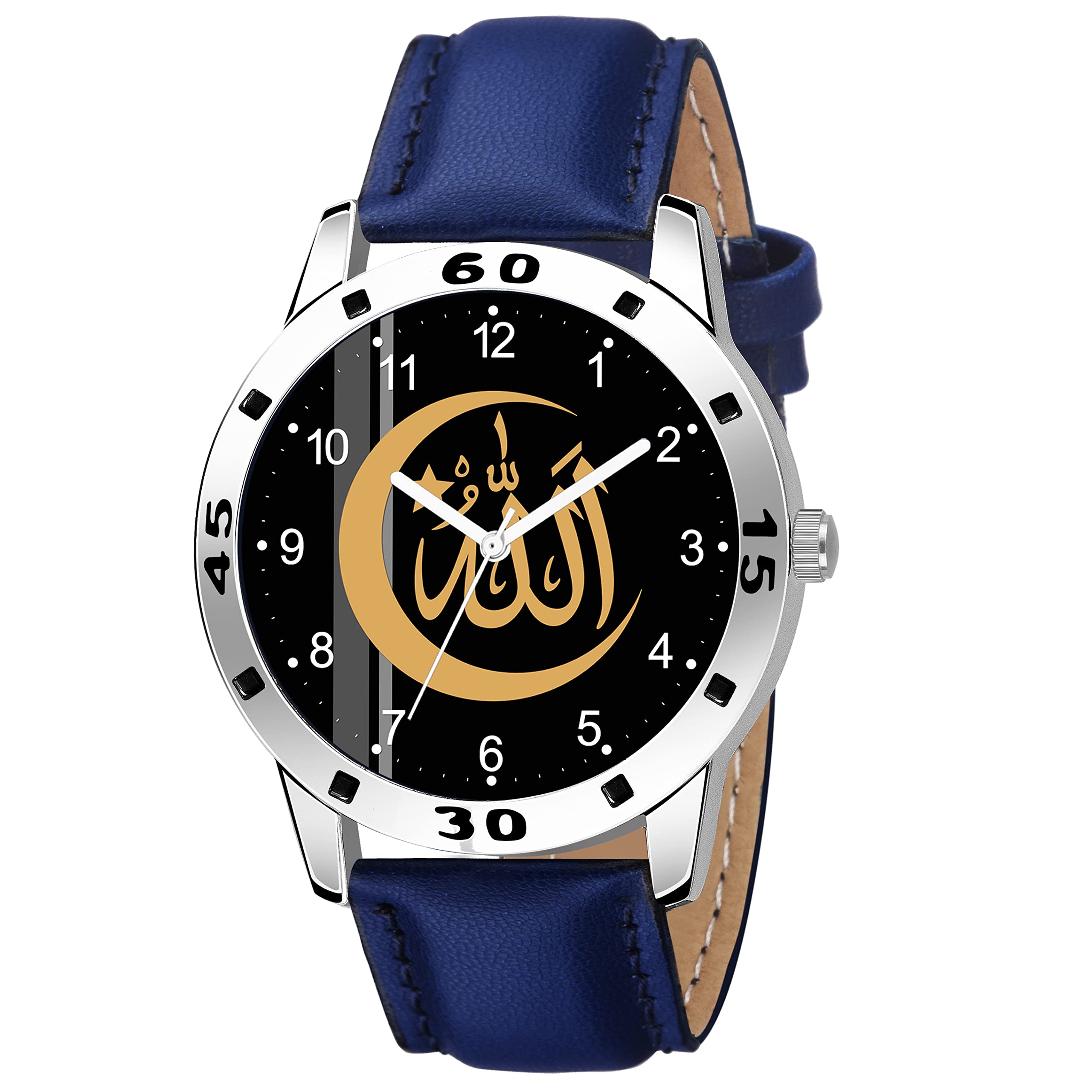 Talgo Analogue Islamic Allah Chand Design Round Numeric Dial Latest Fashion Attractive Black Leather Strap Stylish Wrist Watch for Men and Boys, Pack of 1 - NUMAVOSLBUL (B0B1B84PKM) Amazon Price History, Amazon Price Tracker
