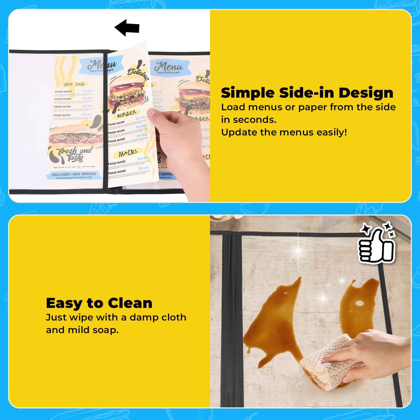 DASBET Protège-menu A4 pour menu de restaurant, 2 pages, 4 vues transparentes, chemises de menus noires avec protections d'angle en métal, convient pour les restaurants, bars, cafés (10, 2 pages, 4