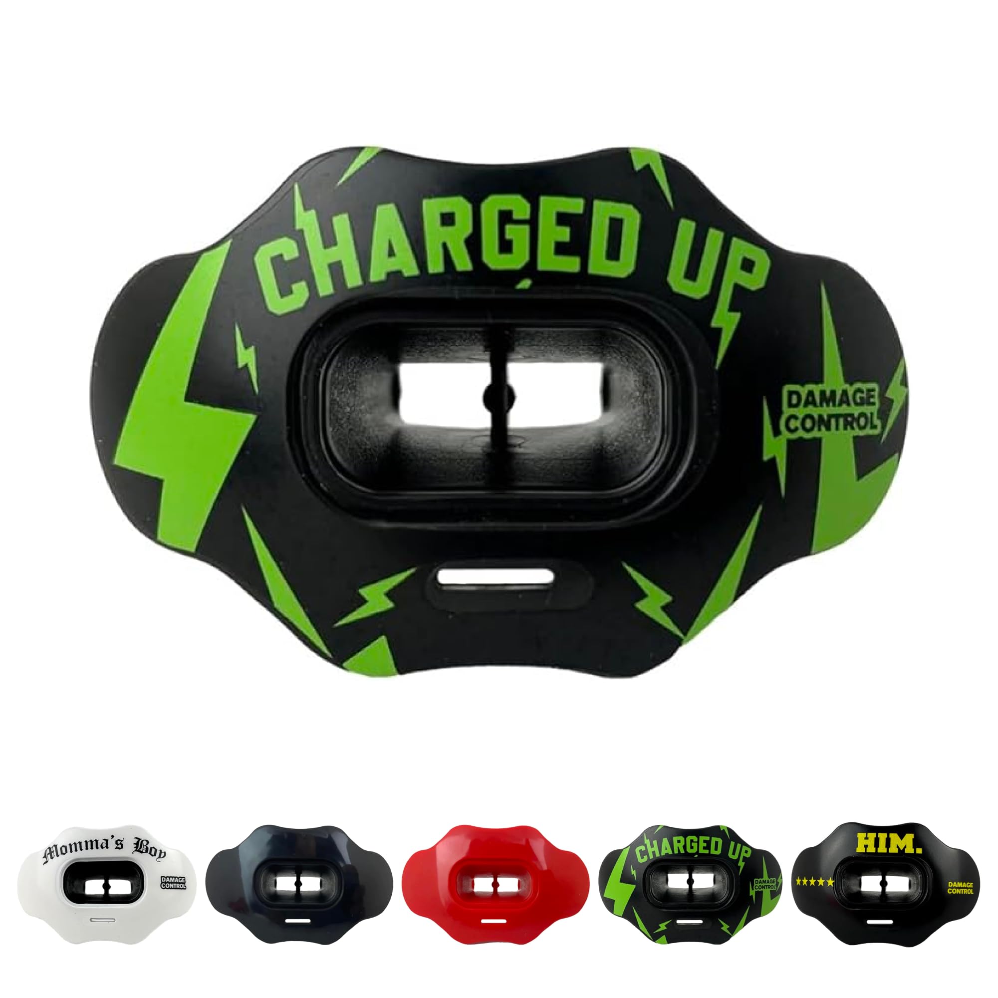 DAMAGE CONTROL Mouth Guard - Breathable Football Mouthpiece and Youth Mouth Guard Works with Braces, No Boiling - Helmet Strap Included (Charged Up)