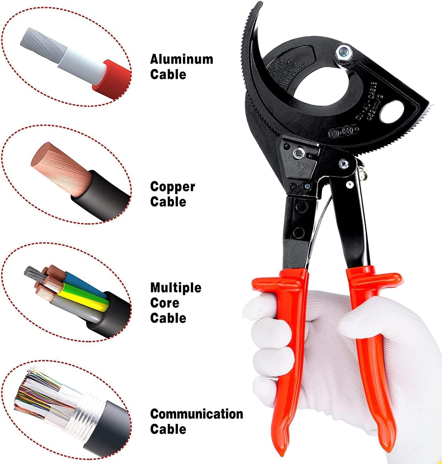 Coupe-câble à Cliquet Jusqu'à 400 mm², Coupeur de Câble 280 mm HS520A, Levier à Dégagement Rapide, pour Câble en Cuivre Aluminium