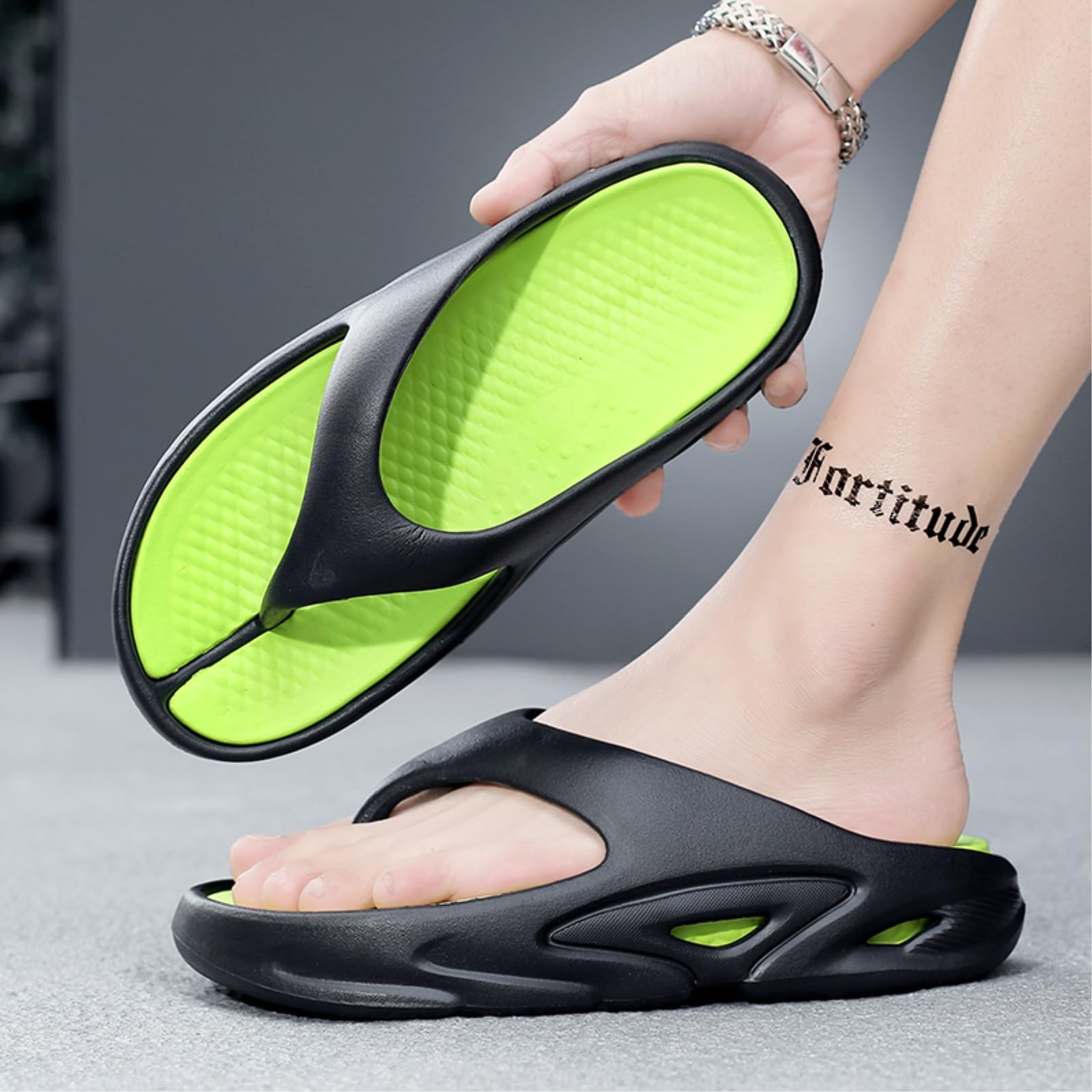 Sandalias Hombres Negro Neón Verde Hueco Plataforma Chanclas, Deporte Corte Antideslizante Eva Tanga Sandalias, Luz Acolchada Rápida Seca Playa De Verano-Black Orange-36-37