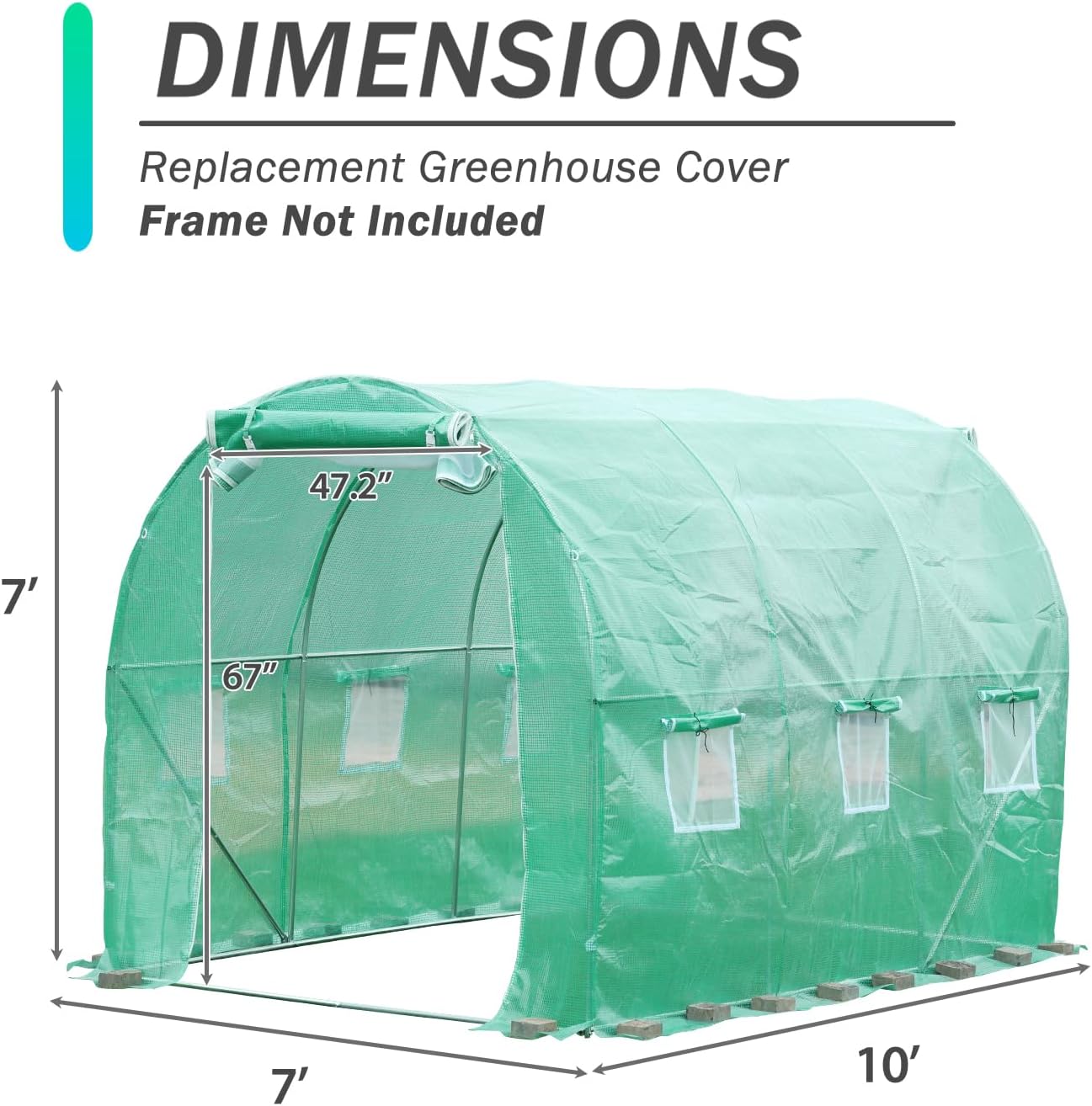 Aoodor 10'X7'X7' Greenhouse Replacement Cover, Large Walk in Tunnel Outdoor Plant Gardening Greenhouse Spare Parts Cover (Frame NOT Included)