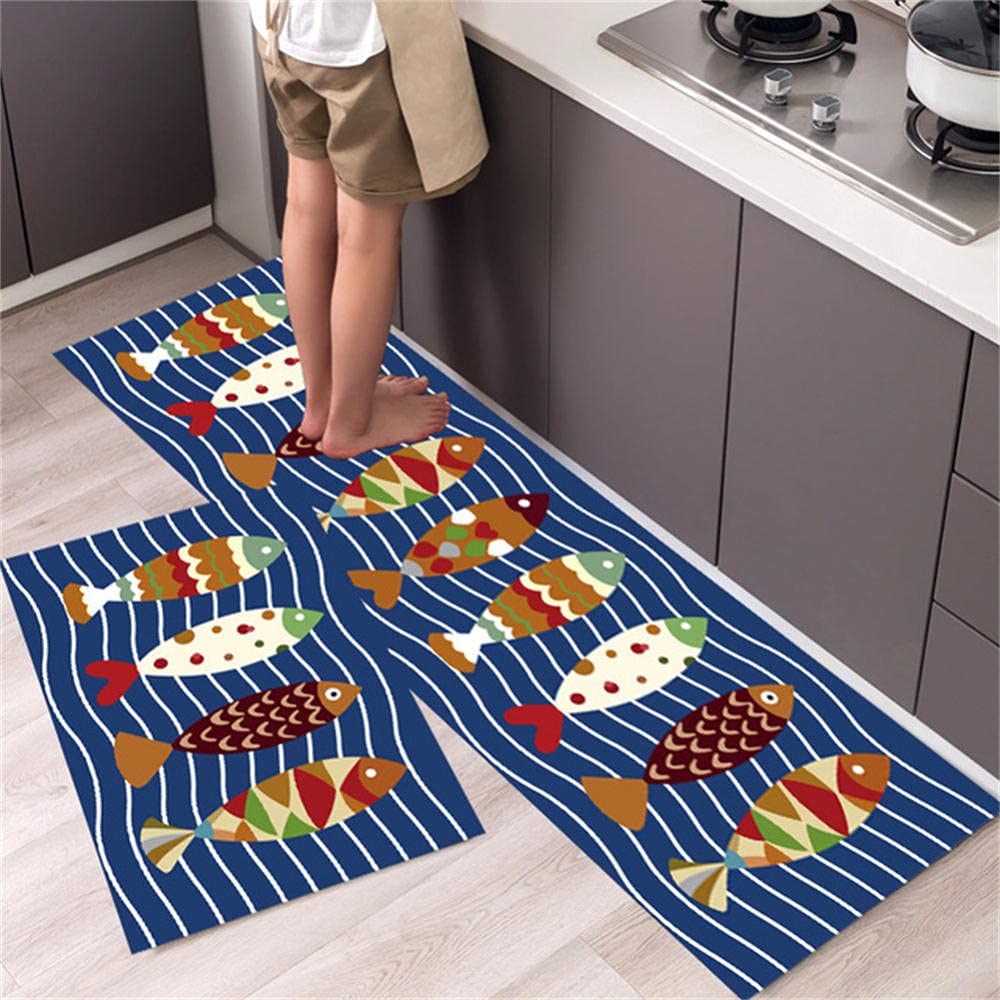 Lot De 2 Tapis De Cuisine Kewier - Antidérapants, Lavables En Machine, 40x60cm + 40x120cm, Bleu