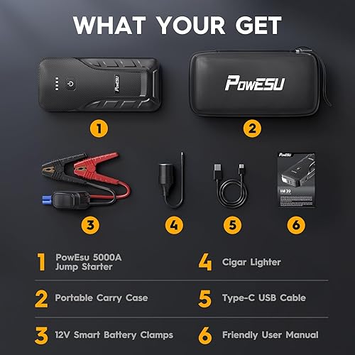 Miniatura 4 de Arrancador portátil de coche  5000 A de corriente máxima (hasta todo el motor diésel de gasolina o 10L) 12 V batería automática Booster portátil