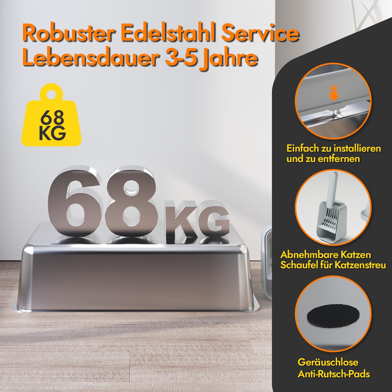 Katzenklo Edelstahl XL/L, Katzentoilette Edelstahl Große Kapazität Auslaufsicher Gegen Verschüttungen Katzenklo, mit Metall Katzenstreuschaufel(hellgrau)