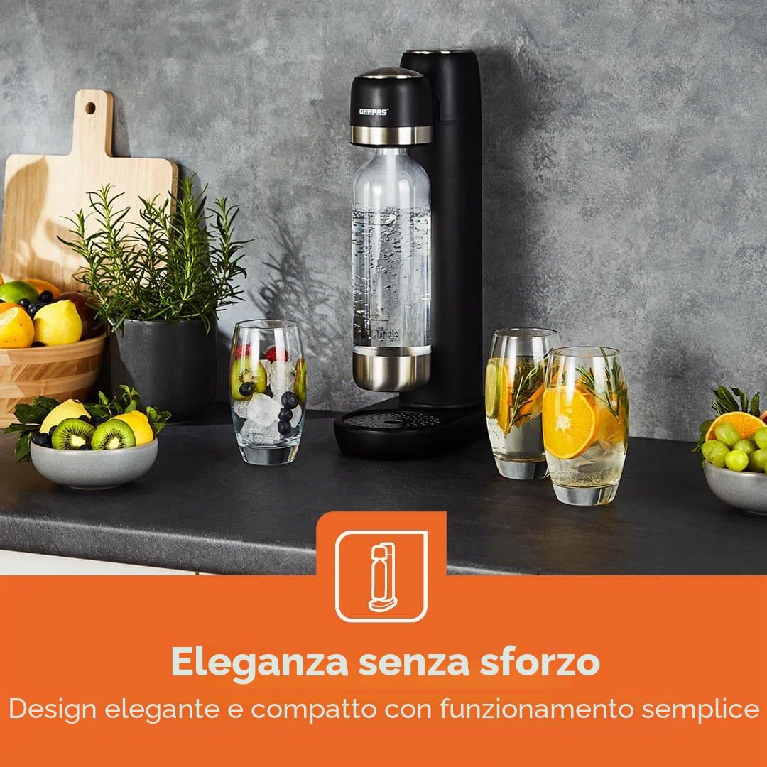 GEEPAS Macchina per acqua frizzante con bottiglia da 900 ml, macchina per soda, macchina per bevande gassate, gasatore domestico, bombola di gas CO2 a connessione rapida (non inclusa) | nero