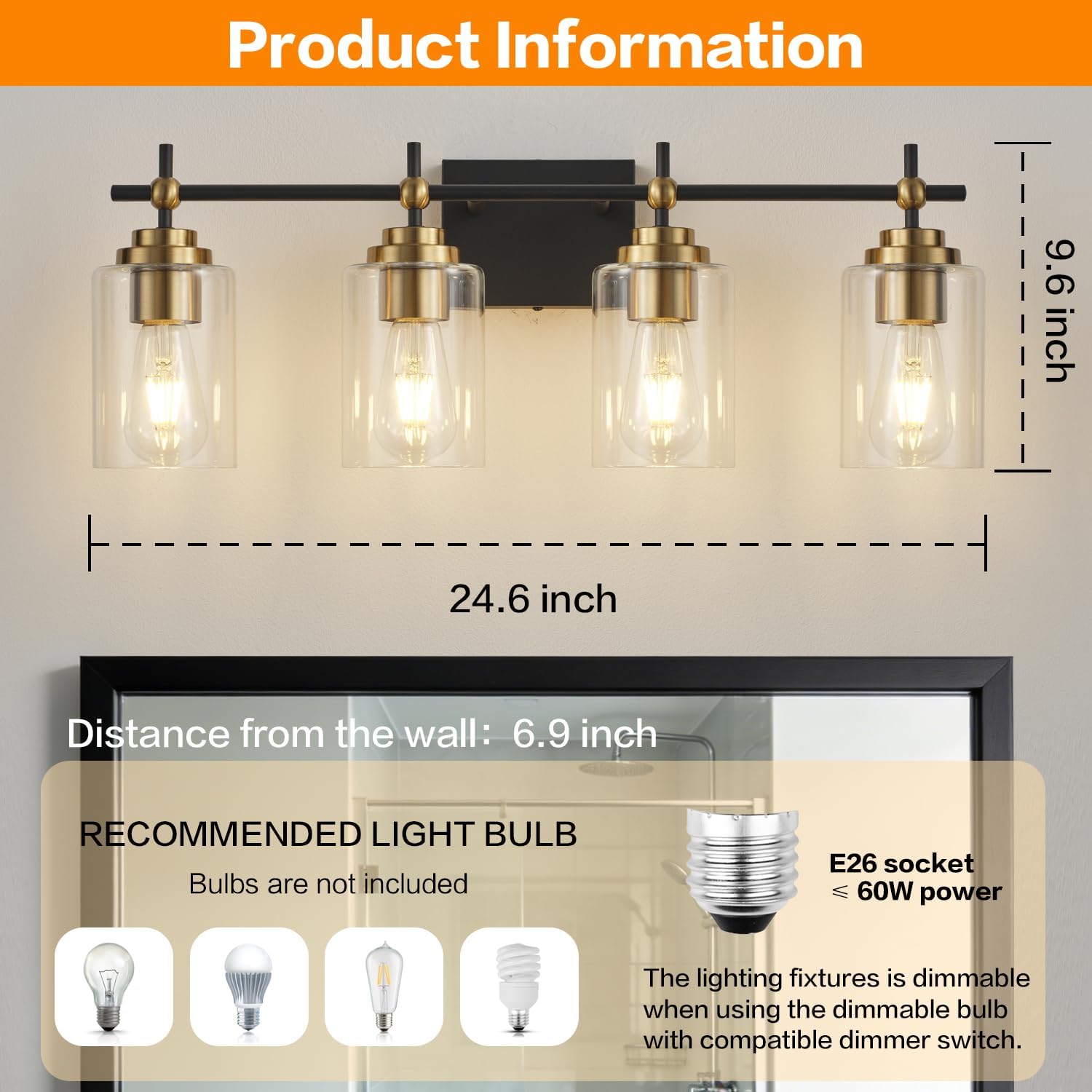 SOLFART Bathroom Light Fixtures 4-Lights: Black and Gold Vanity Lights for Bathroom Clear Glass Shades(Bulbs Not Included)