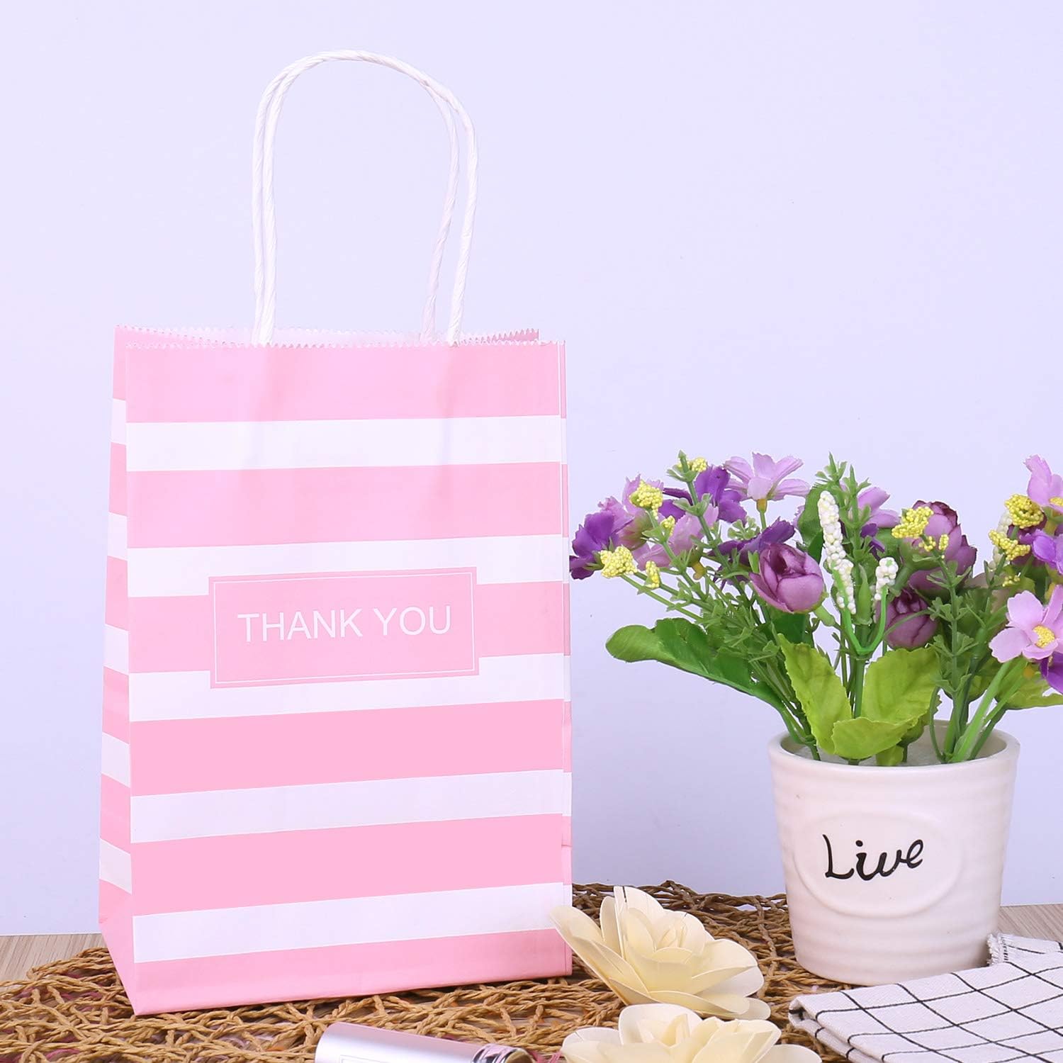 50Pcs Thank You Small Paper Gift Bags Bulk, 5.25" x 3.75" x 8" Kraft Paper Bag for Party Favors,Valentine's Day, Birthday, Wedding, Thanksgiving,Goodie, Retail, Jewelry - Pink - Image 6