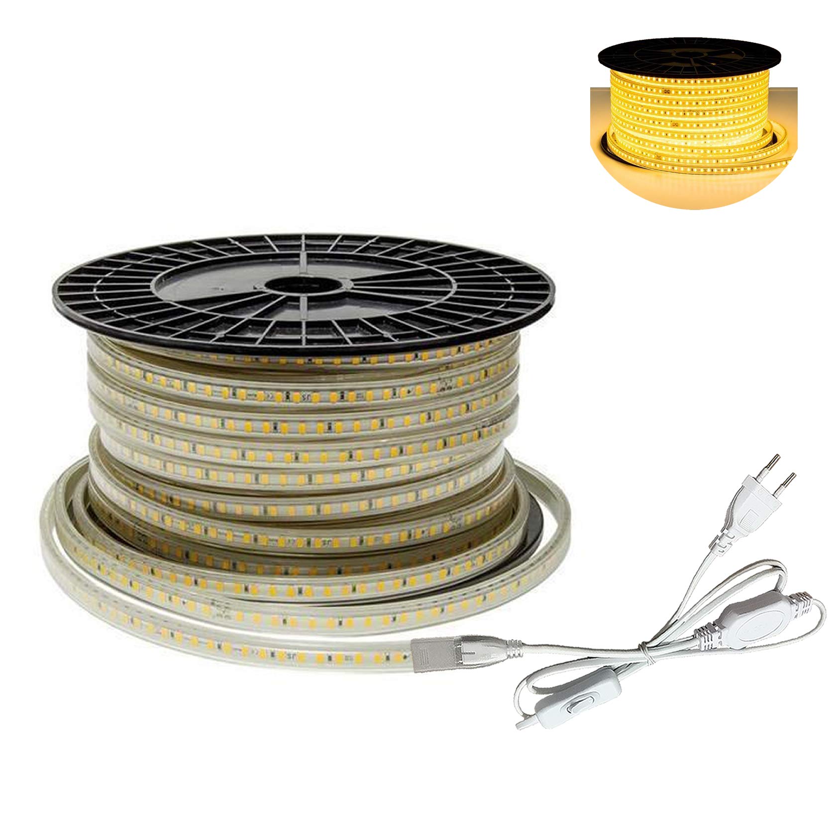 H+H Leipzig LED Strip Set – 230V, SMD 2835, 120 LED/m, 2 Meter, Kaltweiß 6000K, Inkl. Netzkabel Mit Schalter, Einfach Plug & Play