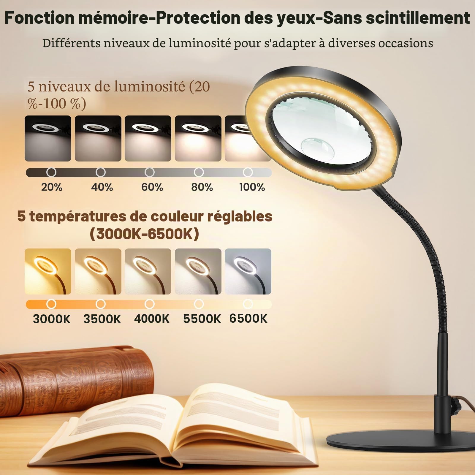 Lampe Loupe sur Pied 10x Grossissante Modelisme 360° LED 5 Couleurs Dimmable - Bureau Eclairante pour Lecture, Réparation et Artisanat