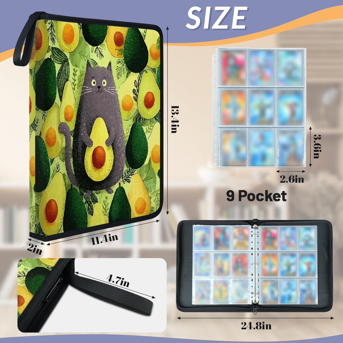 Mexpekil Avocado Cat (2) Raccoglitore di carte con 9 tasche con 50 pagine a caricamento laterale, cartellina per 900 carte, con cerniera, impermeabile, porta carte
