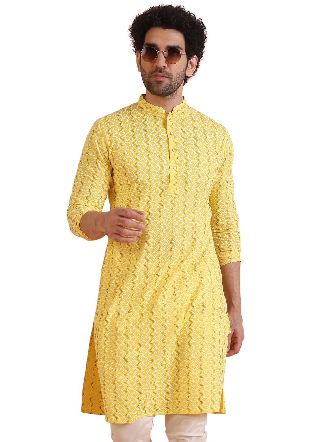 Kisah Men Straight Kurta Full Sleaves, Knee Length, Straight, Regular Fit, Mandarin Collar Ethnic Wear-Yellow -38