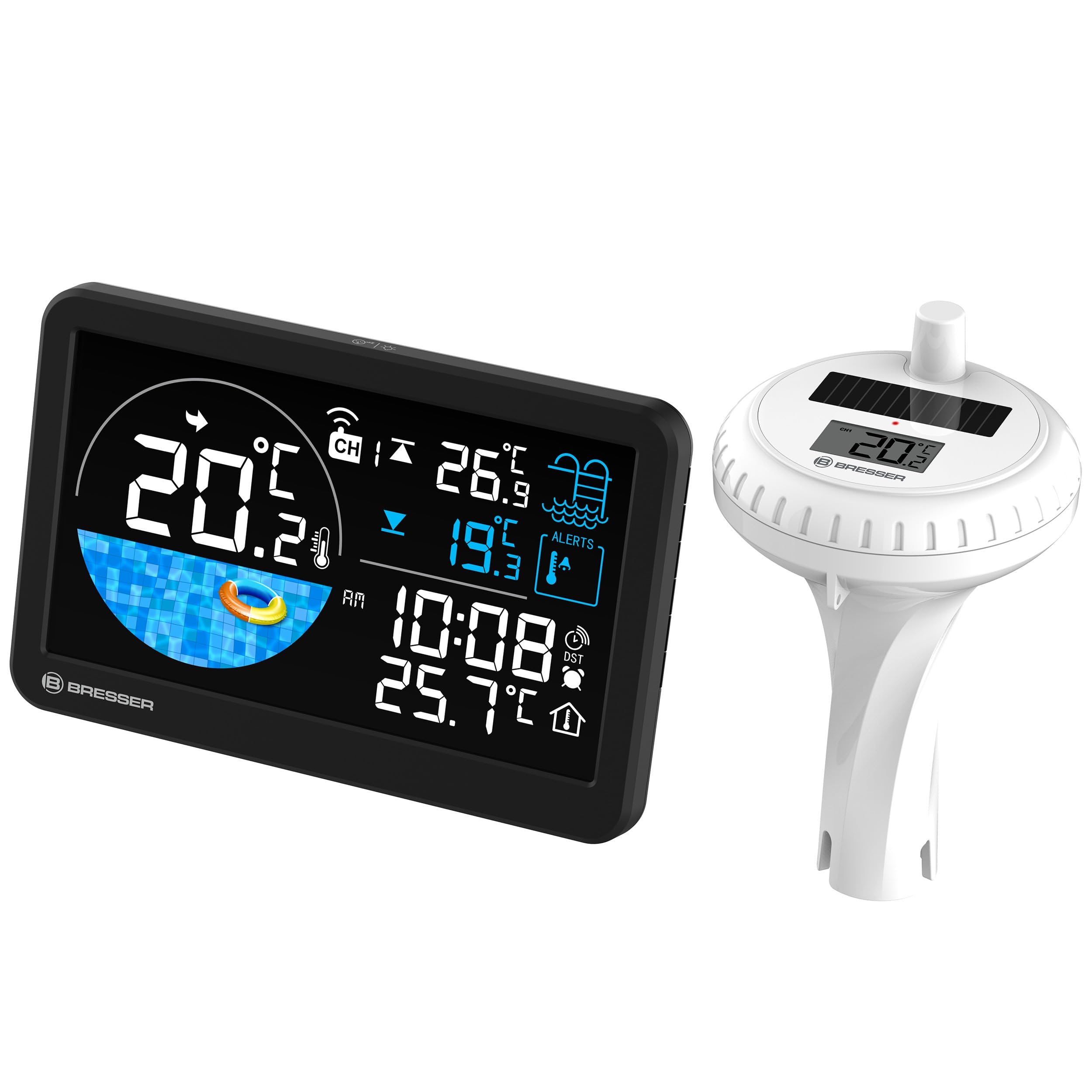 Termometro piscina wireless Bresser con pannello solare, temperatura acqua & stanza, allarme, orologio radio, IPX7